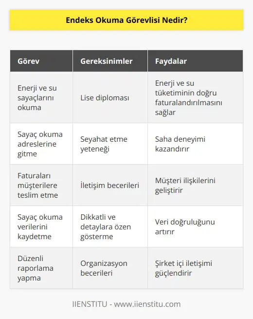 Endeks okuma görevlisi, konut ya da ticari işletmelerin enerji ve su kullanım miktarını belirleyen ve faturalandırması ile ilgili görevleri üstlenen kişilere verilen addır. Sayaçların bulunduğu adreslere gider ve sayaç okumasını yapar aynı zamanda okuma sonrasında faturaları kullanıcılara teslim eder. Endeks okuma görevlisi olmak isteyen kişilerin resmi bir eğitim mecburiyeti bulunmamakla birlikte lise mezunu olmaları istenir.