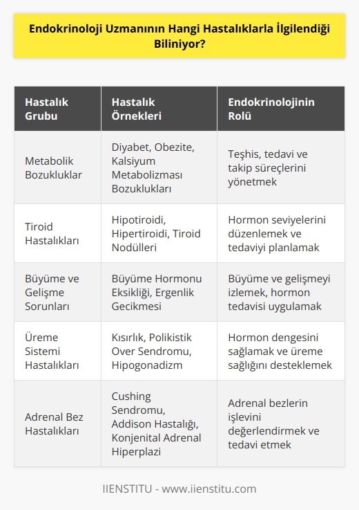 Endokrinoloji uzmanı genellikle metabolik bozukluklar, cilt hastalıkları, şeker hastalığı, hipotiroidi, hipertiroidi, obezite, endokrin disfonksiyonu, kalsiyum metabolizması bozukluğu, büyüme hormonu eksikliği ve kısırlık gibi endokrin sistemi ile ilgili hastalıklarla ilgilenir.