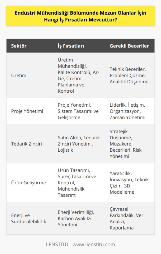 Endüstri mühendisliği mezunları, çeşitli sektörlerde, çalışırken veya üretimin her aşamasında çalışmak için birçok farklı iş fırsatlarına sahiptir. İşler arasında, üretim mühendisliği,   , kalite kontrolü, ar-ge, ar-ge yönetimi, proje yönetimi, sistem tasarımı ve geliştirme, işletme analizi ve verimlilik ölçümü, malzeme ve üretim teknolojileri, üretim süreçleri ve stratejileri, üretim planlaması ve üretim kontrolü, mühendislik tasarımı ve tasarım yönetimi, satın alma ve tedarik zinciri yönetimi, ürün geliştirme ve   , süreç tasarımı ve süreç kontrolü, enerji verimliliği ve karbon ayak izi gibi işler bulunmaktadır. Endüstri mühendisliği mezunları ayrıca, mühendislik maliyet analizi, mühendislik tasarımı ve üretim kontrolü, yönetim kontrolü ve izleme, kalite kontrolü ve tedarik zinciri yönetimi gibi alanlarda da çalışma imkanlarına sahip olabilirler.