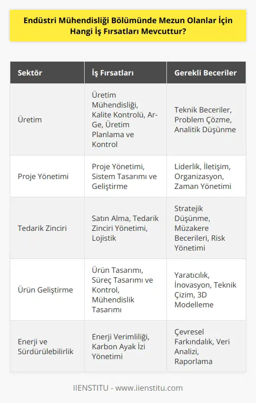 Endüstri mühendisliği mezunları, çeşitli sektörlerde, çalışırken veya üretimin her aşamasında çalışmak için birçok farklı iş fırsatlarına sahiptir. İşler arasında, üretim mühendisliği, , kalite kontrolü, ar-ge, ar-ge yönetimi, proje yönetimi, sistem tasarımı ve geliştirme, işletme analizi ve verimlilik ölçümü, malzeme ve üretim teknolojileri, üretim süreçleri ve stratejileri, üretim planlaması ve üretim kontrolü, mühendislik tasarımı ve tasarım yönetimi, satın alma ve tedarik zinciri yönetimi, ürün geliştirme ve , süreç tasarımı ve süreç kontrolü, enerji verimliliği ve karbon ayak izi gibi işler bulunmaktadır. Endüstri mühendisliği mezunları ayrıca, mühendislik maliyet analizi, mühendislik tasarımı ve üretim kontrolü, yönetim kontrolü ve izleme, kalite kontrolü ve tedarik zinciri yönetimi gibi alanlarda da çalışma imkanlarına sahip olabilirler.