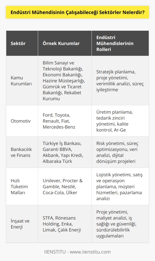 Endüstri Mühendisleri birçok kamu kurumunda çalışma imkanına sahiptir. Bilim Sanayi ve Teknoloji Bakanlığı, Ekonomi Bakanlığı, Hazine Müsteşarlığı, Gümrük v   Bakanlığı, Rekabet Kurumu gibi kuruluşlarda endüstri mühendisleri çalışmaktadır.Özel sektörde ise; otomotiv, bankacılık,   , hızlı tüketim malları, inşaat, sağlık, nakliye, turizm, enerji, finans gibi geniş bir yelpazede iş imkanı mevcuttur.
