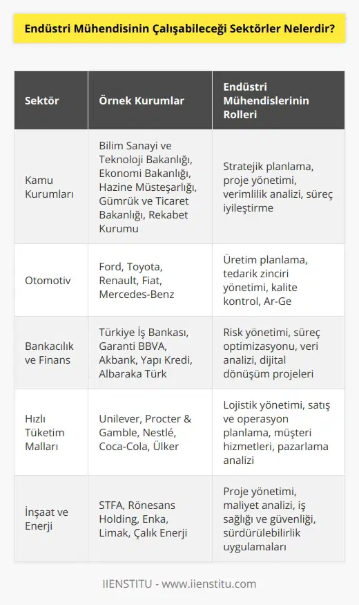 Endüstri Mühendisleri birçok kamu kurumunda çalışma imkanına sahiptir. Bilim Sanayi ve Teknoloji Bakanlığı, Ekonomi Bakanlığı, Hazine Müsteşarlığı, Gümrük v Bakanlığı, Rekabet Kurumu gibi kuruluşlarda endüstri mühendisleri çalışmaktadır.Özel sektörde ise; otomotiv, bankacılık, , hızlı tüketim malları, inşaat, sağlık, nakliye, turizm, enerji, finans gibi geniş bir yelpazede iş imkanı mevcuttur.