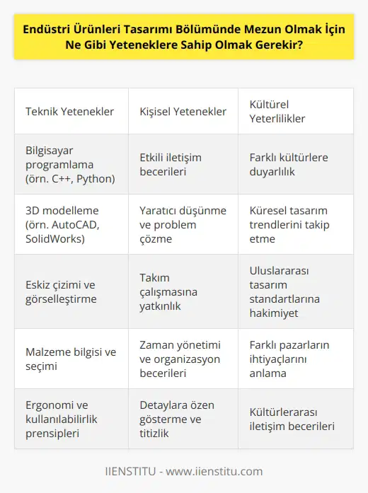 Endüstri Ürünleri Tasarımı Bölümünde mezun olmak için, birçok farklı yeteneklere sahip olmak gerekir. Bunlar arasında bilgisayar programlama, 3D modelleme,   ,    ve tasarım gibi teknik konuların yanı sıra, iletişim,   , problem çözme ve sağlam    gibi yetenekleri de içerir. Ayrıca, tasarımın küresel kontekste iyi anlaşılması için kültürel bilgiler de önemlidir.