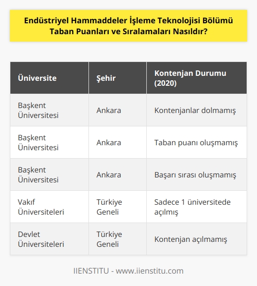 Endüstriyel Hammaddeler İşleme Teknolojisi bölümü için, 2020 yılında sadece bir vakıf üniversitesinde ve dört tercih seçeneğiyle kontenjan açılmıştır (Başkent Üniversitesi, Ankara). Ancak bu kontenjanların hiçbiri dolmamıştır. Dolayısıyla bu seçeneklere ait taban puanı ve başarı sırası oluşmamıştır.