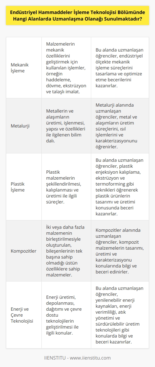 Endüstriyel hammaddeler işleme teknolojisi bölümünde öğrencilere sunulan alanlarda uzmanlaşma olanağı arasında, mekanik işleme, metalurji, termal işlemler, plastik işleme, kimyasal işlemler, kimyasal reaksiyonlar, kompozitler, geri dönüşüm, robotik teknolojisi, enerji ve çevre teknolojisi, kontrol sistemleri, makina tasarımı ve üretimi, mikro işlemler, görüntü işleme, ölçüm teknolojisi, gıda işleme, mühendislik malzemeleri ve üretim teknolojisi, kimyasal mühendislik, tekstil mühendisliği, mikro mühendisliği, , , biyomühendislik ve dijital işlemler bulunmaktadır.