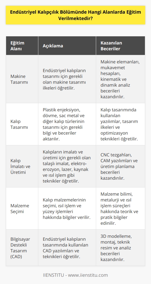 Endüstriyel Kalıpçılık Bölümünde eğitim verilen alanlar;   , makine tasarımı, kalıp tasarımı, kalıp imalatı, kalıp üretimi, kalıp işleme, malzeme seçimi ve kalıpçılık bilgisayar destekli tasarımı.