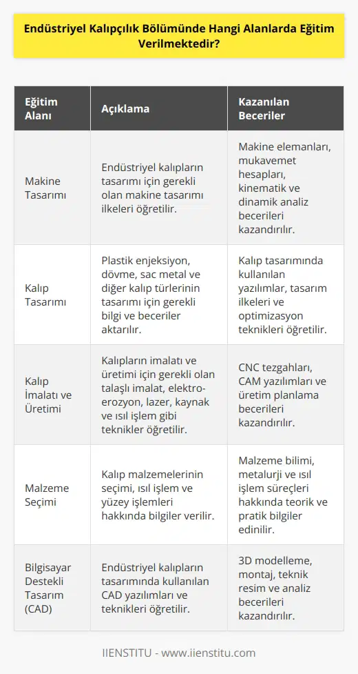 Endüstriyel Kalıpçılık Bölümünde eğitim verilen alanlar; , makine tasarımı, kalıp tasarımı, kalıp imalatı, kalıp üretimi, kalıp işleme, malzeme seçimi ve kalıpçılık bilgisayar destekli tasarımı.