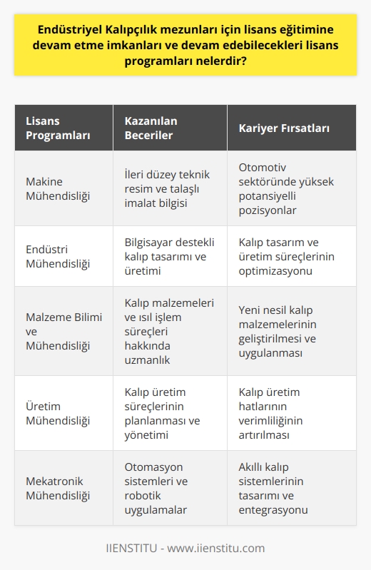 Endüstriyel Kalıpçılık mezunları, teknolojiye yetenekleri ve alandaki yüksek eğitim kalitesi sayesinde kalıpçılık sektörünün bel kemiği olacaktır. Bu mezunlar genellikle sektörde bol iş imkanı bulan kalıpçılık alanında çalışma fırsatı elde ederler. Kendi özgün tasarımlarını ortaya çıkartabilecek donanıma ve üretim tekniğine sahip olan bu uzmanlar, genellikle yeni teknolojileri takip etme ve uygulama yeteneğine sahip olan teknik elemanlar olarak yetişirler.  Lisans Eğitimine Devam Etme İmkanları  Endüstriyel Kalıpçılık bölümü mezunlarının bir kısmı eğitimlerini tamamladıktan sonra lisans eğitimine devam etmeyi seçerler. Bu öğrencilerin devam edebilecekleri lisans programları arasında    programları bulunur. Bu lisans eğitimine devam etmek öğrencilere, sektörde daha yüksek potansiyel pozisyonlar için gerekli olan bilgi ve yetenekleri sağlar.  Lisans eğitimi, mezunların teknik resim ve talaşlı imalat bilgisi gibi alanlarda daha derinlemesine bilgi sahibi olmalarını sağlar. Ayrıca, bu eğitim mezunları, bilgisayar ortamında farklı kalıp tasarımları üretebilen ve kalıp imalatını uygulayabilen yetenekli teknik elemanlar olarak yetiştirir.  Endüstriyel Kalıpçılık Bölümündeki Eğitim  Bölüm, 2 yıllık yoğun bir eğitim programı verirken, öğrenciler eğitimlerini meslek yüksekokulu kapsamında tamamlarlar. Bu eğitim programı, öğrencilere kalıp tasarımı ve üretimi hakkında kapsamlı bilgi verecek şekilde tasarlanmıştır. Öğrencilerin hassas ölçü aleti, CNC tezgâhlar ve farklı presler gibi temel makine ve araç gereçlerin işleyiş prensiplerine hâkim olmaları beklenir.  Kamu Kurumları ve Endüstriyel Kalıpçılık Mezunları  Endüstriyel Kalıpçılık mezunları için devlette iş bulma imkanı maalesef ki yoktur. Bunun sebebi KPSS ile kadronun açılmamış olmasıdır. Ancak bu durum, mezunların özel sektörde iş bulma şansını artırır. Özellikle otomotiv sektöründe gelişen Endüstriyel Kalıpçılık sektörü, bu alanda yetişmiş uzman ihtiyacında büyük bir artışın olacağını göstermektedir.   Sonuç olarak, Endüstriyel Kalıpçılık mezunları için bol iş imkanı ve gelişen teknolojiye ayak uydurabilen bir bölüm mezunu olmanın avantajları bulunmaktadır. Bu sektörde yer almak isteyen adayların sayısal derslerde başarılı olmaları ve ekip çalışmasına uyum sağlayabilen, disiplinli bireyler olmaları gerekmektedir.