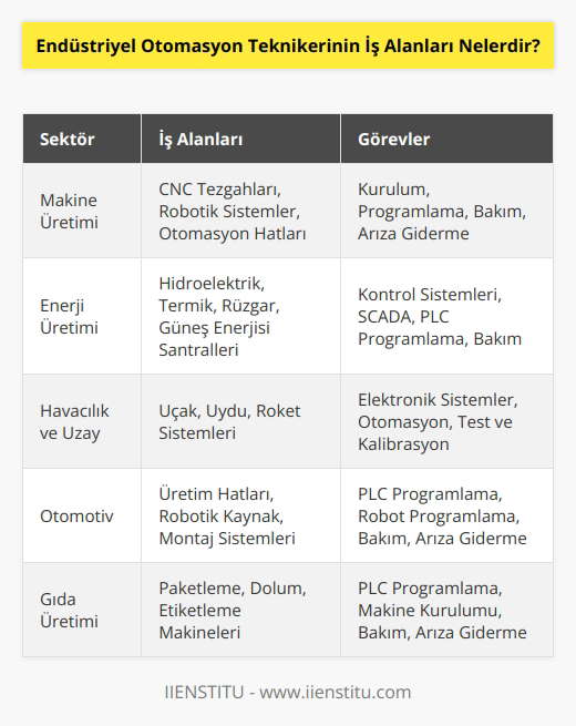 Endüstriyel otomasyon teknikerleri, çeşitli endüstrilerde kullanılan elektronik, mekanik, bilgisayar ve diğer donanımların kurulumunu ve bakımını gerçekleştiren teknisyenlerdir. İş alanları arasında; makine üreteci firmaları, üretim tesisleri, enerji üretim tesisleri, havacılık ve uzay teknolojisi, madencilik, yolculuk ve lojistik, otomotiv endüstrisi, bitki ve tesis kontrol sistemleri, gıda üretimine yönelik elektrik ve mekanik sistemler ve çok amaçlı endüstriyel kontrol sistemleri bulunur.