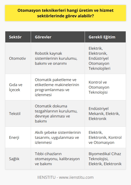 Endüstriyel otomasyon teknikerleri, gelişmiş teknoloji ile üretim ve hizmet sektörlerinde çeşitli görevler üstlenebilir. Mesleki yeteneklerini basit bir sistem onarımından, karmaşık bir işlem sistemlerinin tasarımına kadar geniş bir yelpazeye uygulayabilirler. Endüstriyel otomasyon alanında çalışan teknikerler, talaşlı imalat makine üretimi, otomatik kontrol,    ve işletim sistemlerinin kurulumu, bakımı ve faaliyete geçirilmesi gibi süreçlere katkıda bulunur. Dahası, bu teknikerler, üretim cihazları ve ekipmanları gibi gereçlerin montajı, devreye alınışı, işletilmesi, bakım ve onarımlarını yapabilir. Ayrıca, işletme şartlarına uygun otomasyon sistemlerini tasarlar, kurar ve uygular.  Endüstriyel otomasyon teknikeri rolüne ulaşmak için, adayların teknik ve meslek liselerinin elektrik, elektronik, endüstriyel mekanik ya da endüstriyel otomasyon teknolojileri bölümlerinden mezun olmaları beklenir. Daha sonra, bu adaylar, üniversitelerin Meslek Yüksekokulunda Elektrik Elektronik, Kontrol ve Otomasyon programlarını tamamlayarak Endüstriyel Otomasyon Teknikeri unvanını kazanabilirler. Bu mesleki bilginin yanı sıra, sürekli öğrenme ve güncel teknolojiyi takip etme yeteneği de bu rol için önemlidir.  Sonuç olarak, endüstriyel otomasyon teknikerleri, gelişmiş otomasyon teknolojisinin artan talebi nedeniyle üretim ve hizmet sektörlerinde geniş bir rol yelpazesine tesis edilebilir. Dolayısıyla, bu alandaki eğitim ve tecrübesi olan kişiler, sektörde değişen teknolojik ihtiyaçlara hızlı bir şekilde adapte olacak ve değerli bir katkı sağlayacak becerilere sahip olacaktır. Bilindiği gibi, endüstriyel otomasyon teknikerleri, sektörün geleceğinde önemli bir rol oynayacak ve iş dünyasının genişleyen taleplerine yanıt vereceklerdir.