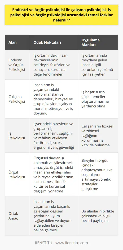 Endüstri ve Örgüt Psikolojisi ile Çalışma Psikolojisi, İş Psikolojisi ve Örgüt Psikolojisi Arasındaki Temel Farklar Nelerdir? Endüstri ve örgüt psikolojisi ile çalışma psikolojisi, iş psikolojisi ve örgüt psikolojisi arasındaki temel farklar, odak noktaları ve uygulama alanlarından kaynaklanmaktadır. Bu alanların her biri, çalışma hayatının farklı yönlerini ele almaktadır ve insanların iş ortamlarında verimli ve uyumlu olmalarına katkıda bulunur. Aşağıda, bu alanların temel farklarına değinilmektedir. Endüstri ve Örgüt Psikolojisinin Odak Noktaları Endüstri ve örgüt psikolojisi, iş ortamındaki insan davranışlarının belirleyici faktörleri ve sonuçları açısından kurumsal değerlendirmelerin incelenmesi ile uğraşırken, aynı zamanda iş ortamlarında meydana gelen insanla ilgili sorunların çözümü için faaliyetlerde bulunur. Bu alanda çalışan psikologlar, örgüt ve endüstri psikolojisi üzerine uzmanlaşmış olup, bu konuda üniversite düzeyinde lisans ve sonrasında yüksek lisans eğitimi almış olmalıdır. Çalışma Psikolojisinin Odak Noktaları Çalışma psikolojisi, insanların iş yaşamlarındaki performanslarını ve deneyimlerini inceleyen bir alan olarak bilinir. Bu disiplin, bireysel ve grup düzeyinde çalışan moral, motivasyon ve iş doyumunu ele alarak, iş başarısı için güçlü temeller oluşturulmasına yardımcı olur. İş Psikolojisinin Odak Noktaları İş psikolojisi, işyerindeki bireylerin ve grupların iş performansını, sağlığını ve refahını etkileyen faktörleri inceleyen bir psikoloji dalıdır. Bu alanda çalışanlar, iş stresi, ergonomi ve iş güvenliği gibi konular üzerinde yoğunlaşarak, çalışanların fiziksel ve zihinsel sağlığının korunmasına katkıda bulunurlar. Örgüt Psikolojisinin Odak Noktaları Örgüt psikolojisi, örgütsel davranışı anlamak ve iyileştirmek amacıyla, örgüt içindeki insanların etkileşimleri ve bireysel özelliklerinin incelenmesine odaklanır. Bu disiplin, liderlik, kültür ve kurumsal değişimi yönetme gibi konuları ele alır ve bireylerin örgüt içindeki adaptasyonunu ve başarılarını artırmaya yönelik stratejiler geliştirir. Sonuç Endüstri ve örgüt psikolojisi ile çalışma psikolojisi, iş psikolojisi ve örgüt psikolojisi arasındaki temel farklar, bu dalların çalışma hayatının farklı yönlerine odaklanması ve insanların iş ortamlarında verimli ve uyumlu olmalarını sağlayacak bilgi ve becerilere yönelik çalışmalarda bulunmalarıdır. Bu alanlar, birlikte çalışarak, insanların iş yaşamlarında başarılı, geleceğin değişen şartlarına uyum sağlayabilen ve doyum elde eden bireyler haline gelmesine katkıda bulunur.