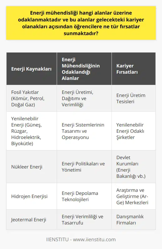Enerji mühendisliği, başta elektrik, ısı ve mekanik enerji olmak üzere enerjinin üretilmesi, dağıtılması ve enerji verimliliği gibi konular üzerine odaklanır. Bu alandaki mühendisler, fosil yakıtlar, hidroelektrik, nükleer enerji, güneş enerjisi, rüzgar enerjisi ve biyokütle gibi çeşitli enerji kaynakları üzerinde çalışır. Enerji mühendisliği gelecekte öğrencilere geniş kariyer olanakları sunmaktadır. Dünya genelinde, enerji tüketimi ve enerji verimliliğine yapılan vurgu arttıkça, enerji mühendisliğinin önemi de artmıştır. Enerji mühendisliği mezunları için enerji üretim tesisleri, enerji tasarrufu ve yönetimi alanları başta olmak üzere çeşitli kariyer fırsatları mevcuttur. Fosil yakıt kaynaklarının sınırlı olması ve çevre kirliliği gibi etkileri nedeniyle, yenilenebilir enerji kaynaklarına olan talep artmaktadır. Bu nedenle, enerji mühendisliği mezunları, güneş, rüzgar, hidroelektrik ve biyomas gibi yenilenebilir enerji kaynaklarına odaklanan şirketlerde çalışma fırsatı yakalayabilirler. Enerji mühendisliği ayrıca, enerji politikası ve enerji yönetimi ile ilgili devlet kurumu gibi sektörlerde de kariyer fırsatları sunar. Bu alanlar, enerji üretimi, dağıtımı ve kullanımı ile ilgili politikaların oluşturulması ve uygulanmasında önemli role sahiptir. Sonuç olarak, enerji mühendisliği, dünyanın enerji ihtiyaçlarını karşılamak için çeşitli enerji kaynaklarının etkin ve verimli kullanımı üzerine odaklanan bir alandır. Bu alandaki mühendisler, enerji üretim ve dağıtım sistemlerini tasarlama ve operasyonlarını yönetme yeteneğine sahip olmanın yanı sıra, enerji verimliliği ve enerji tasarrufu konusunda da bilgi sahibi olurlar. Bu beceriler ve bilgi, enerji mühendisliği mezunları için çeşitli kariyer fırsatları yaratır ve bu sebeple enerji mühendisliği, gelecekte büyük potansiyele sahip bir alan olarak görülmektedir.
