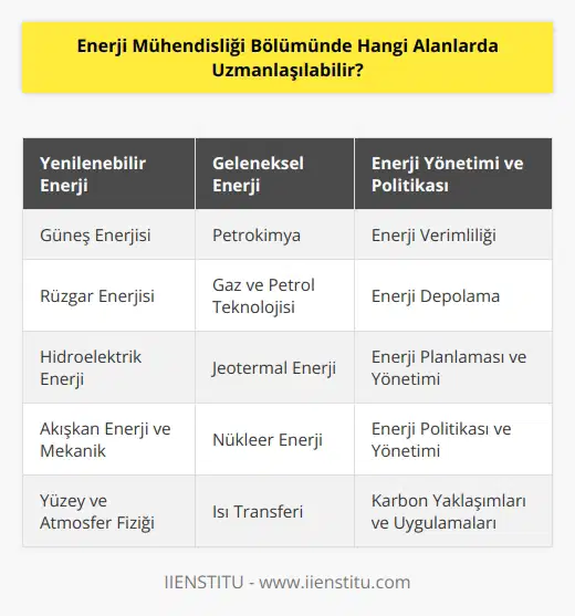 Enerji Mühendisliği Bölümünde uzmanlaşılabilen alanlar arasında şunlar sayılabilir: güneş enerjisi, rüzgar enerjisi, hidroelektrik enerji, akışkan enerji, akışkan mekanik, yüzey ve atmosfer fiziği, termodinamik, enerji verimliliği, enerji depolama, ısı transferi, petrokimya, gaz ve petrol teknolojisi, jeotermal ve nükleer enerji, enerji sistemleri tasarımı ve işletimi, enerji planlaması ve yönetimi, enerji politikası ve yönetimi, karbon yaklaşımları ve uygulamaları, ve enerji bilimi.