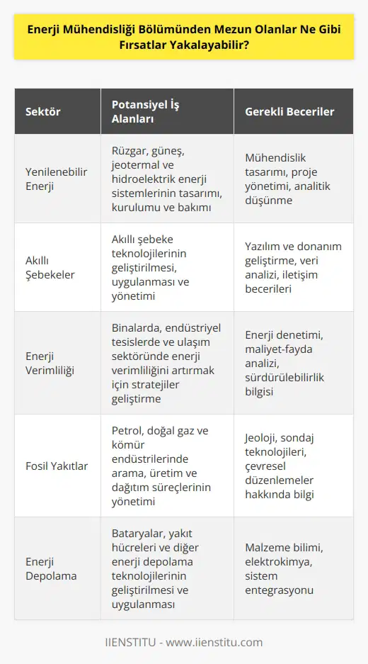 Enerji Mühendisliği bölümünden mezun olanlar çeşitli sektörlerde çalışma fırsatları yakalayabilir. Bunlar arasında yenilenebilir enerji, akıllı şebekeler, enerji verimliliği, fosil yakıtlar ve güneş enerjisi gibi alanlarda çalışmalar yürütmek, enerji için yazılım ve donanım geliştirmek, enerjiyi daha etkin kullanmak için tasarım ve uygulamalar geliştirmek, enerji depolama sistemleri tasarlayıp oluşturmak ve enerji kaynaklarının yönetimini yürütmek gibi görevleri yerine getirebilir. Ayrıca, enerji mühendisliği mezunları, kurumsal yönetim, finansman ve sürdürülebilir enerji politikaları gibi alanlarda çalışabilir.