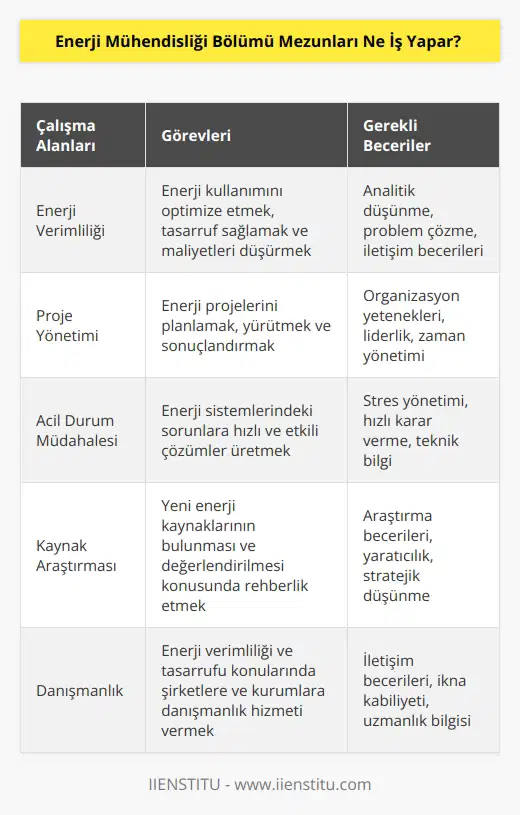 Enerji mühendisleri, enerji kullanımında ve tasarruf yapma, maliyetleri düşürme, proje sonuçlandırma gibi işleri yürütmektedir. Herhangi bir problem çıktığında ani müdahale yapabilir. Kaynakların bulunması konusunda yol gösterir.