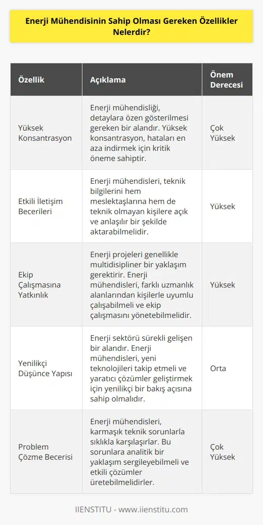 Enerji mühendisi, yüksek konsantrasyona sahip olması gerekir. Teknik bilgilerini açık ve doğru bir şekilde ifade etme becerisi gösterebilmelidir. Ekip çalışmasına uyumlu olmalı ve yönetimini sağlamalıdır bunun yanında yaşanan problemlere yenilikçi bir bakış açısı ile yaklaşmalı ve yaratıcı çözümler getirmek için çaba sarf etmelidir.