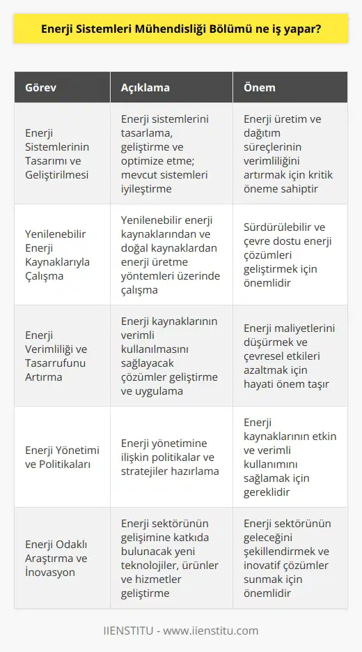 Enerji Sistemleri Mühendisliği Bölümünün İşlevleri  Enerji Sistemleri Mühendisliği Bölümü, enerji üretimi, nakli ve dağıtımı gibi süreçlerde etkin ve sürdürülebilir enerji kullanımı için gerekli stratejileri geliştirir. Bu alanda çalışan mühendisler, enerji sektöründe en son teknolojiler ve uygulamaları kullanarak projeler yürütürler. Mühendislerin başlıca görevleri şunlardır:  Enerji Sistemlerinin Tasarımı ve Geliştirilmesi: Bu bölümde çalışan mühendisler, enerji sistemlerini tasarlar, geliştirir ve optimize eder. Ayrıca, mevcut enerji sistemlerini daha etkili ve etkin hale getirmek için iyileştirme çalışmaları yaparlar.  Yenilenebilir Enerji Kaynaklarıyla Çalışma: Enerji Sistemleri Mühendisleri, yenilenebilir enerji kaynaklarından güç üretme, gaz veya su gibi doğal kaynaklardan enerji üretme yöntemleri üzerinde çalışır.  Enerji Verimliliği ve Tasarrufunu Artırma: Sektörün önemli gerekliliklerinden biri enerji verimliliğini artırmaktır. Bu amaçla mühendisler, enerji kaynaklarının verimli kullanılmasını sağlayacak çözümler geliştirir ve uygular.  Enerji Yönetimi ve Politikaları: Enerji sistemleri mühendisleri, enerji yönetimine ilişkin politikalar ve stratejiler hazırlar. Bu politikalar ve stratejiler sayesinde enerji kaynaklarının daha verimli kullanımı amaçlanır.  Enerji Odaklı Araştırma ve İnovasyon: Bu alanda çalışan mühendisler, enerji sektörünün gelişimine katkıda bulunacak yeni teknolojiler, ürünler ve hizmetler geliştirir. Ayrıca, enerji sektörünün gelecekteki ihtiyaçlarını belirleyerek bu ihtiyaçlara yönelik inovatif çözümler üretir.  Kısacası, Enerji Sistemleri Mühendisliği Bölümü enerji sektöründeki sürdürülebilir, ekonomik ve çevreci çözümlerin geliştirilmesi ve uygulanması için önemlidir. Bu alandaki çalışmalar, enerji üretimi ve tüketimi süreçlerinin daha verimli, etkili ve düşük maliyetli hale gelmesine katkı sağlar.