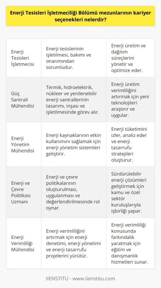 Enerji Tesisleri İşletmeciliği Bölümü mezunlarının kariyer seçenekleri arasında şunlar yer alır: -Enerji tesisleri işletmecisi -Enerji üretim ve dağıtım mühendisi -Güç santrali mühendisi -Hidroelektrik santrali mühendisi -Nükleer enerji mühendisi -Güneş enerjisi mühendisi -Enerji kontrol ve güvenliği mühendisi -Elektrik tesisatı mühendisi -Hidrolik mühendisi -Jeofizik mühendisi -Enerji yönetim mühendisi -Enerji ve kaynakların yönetimi mühendisi -Enerji ve -Enerji üretim tasarım mühendisi -Enerji üretim ve pazarlama mühendisi -Enerji verimliliği mühendisi -Enerji Dağıtım Mühendisi -Enerji üretim ve yönetim mühendisi -Enerji ve iklim değişikliği mühendisi -Enerji ve çevre politikası uzmanı -Enerji ve çevre hukuku uzmanı -Enerji konsorsiyumu yöneticisi -Enerji ve kaynakların yönetimi konsultantı