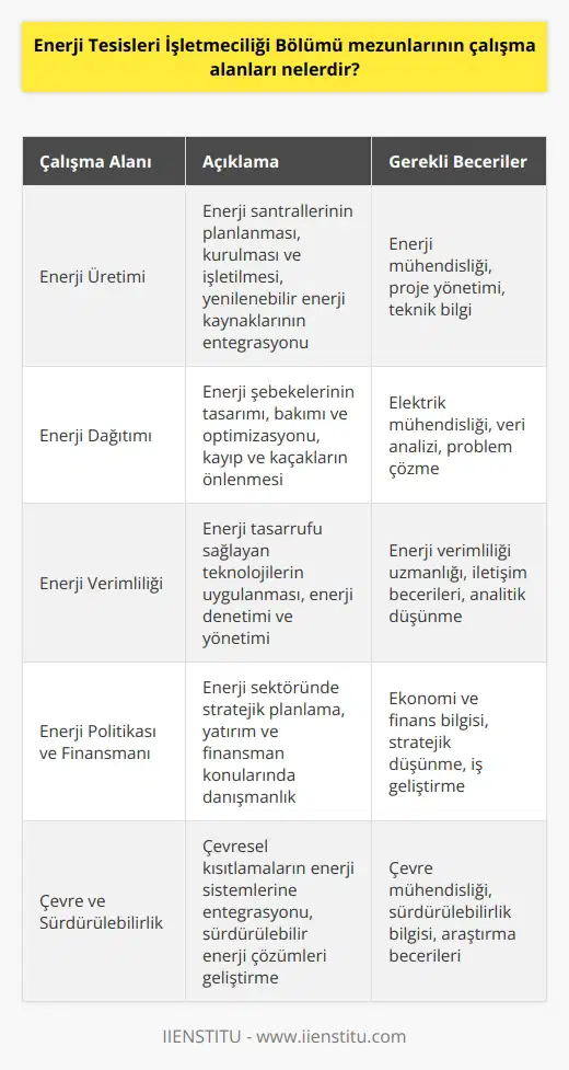 Enerji Tesisleri İşletmeciliği Bölümü mezunları, enerji üretim, enerji dağıtım, enerji tasarrufu, enerji güvenliği ve kalitesi, verimlilik yönetimi, enerji politikası, yatırım ve finansman, enerji mühendisliği, çevre enerji kaynakları ve enerji konularında çalışacaklardır. Ayrıca, bu mezunlar, çevresel kısıtlamaların enerji sistemlerinin planlanmasına, kurulmasına ve işletilmesine katkıda bulunabilecek, enerji üretiminde yenilikçi çözümlerin geliştirilmesine katkıda bulunabilecek ve enerji sektöründe stratejik planlama yapabilecek becerilere sahiptirler.