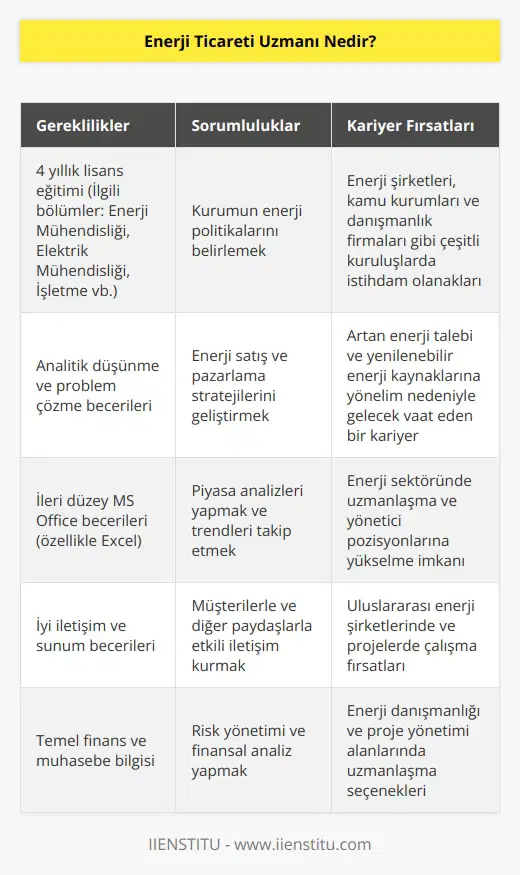Enerji ticareti uzmanı bir kurum ya da kuruluşun enerji politikalarını belirlemek üzere oluşturulmuş bir yapılandırmada profesyonel olarak hareket eden kişidir. Uzman faaliyette olduğu kurumun enerji ile ilgili yapacağı satış ve pazarlama stratejilerini tespit eder. Bu alanda çalışmak isteyen kişilerin ilgili bölümlerden 4 yıllık lisans eğitimi almaları gerekir.