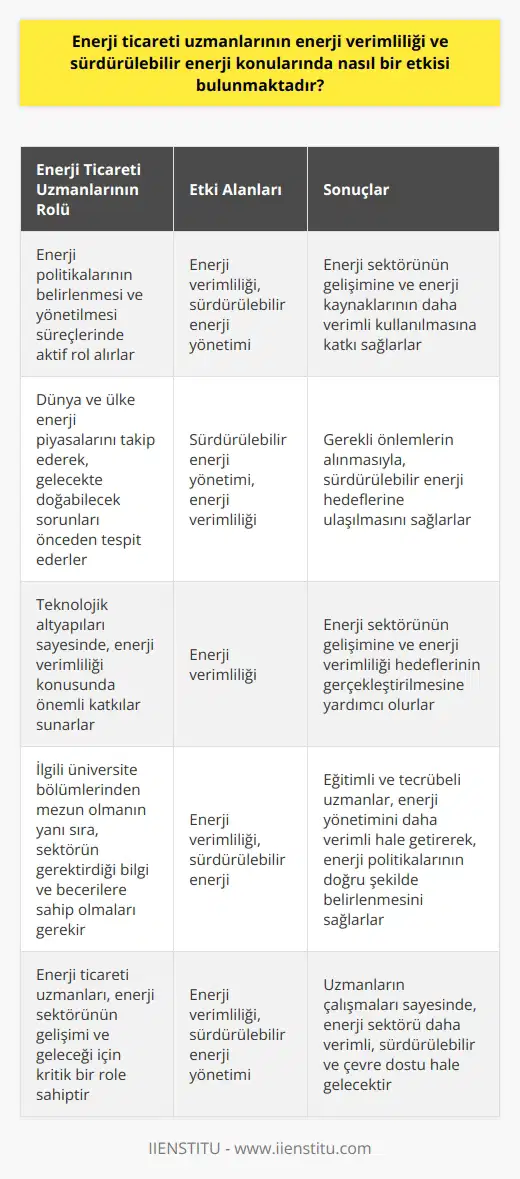 Enerji Ticareti Uzmanlarının Etkisi Enerji Verimliliğinde Kritik Rol Günümüzde enerji sektörü, gelişen teknoloji ve sanayi sayesinde hayatımızın ayrılmaz parçası haline gelmiştir. Bu durum ülkeler arasındaki rekabetin enerji kaynakları ve üretimi üzerine yoğunlaşmasına neden olmuştur. Enerji ticareti uzmanları, enerjinin verimli kullanılması ve en yüksek düzeyde fayda sağlanması amacıyla enerji politikalarının belirlenmesi ve yönetilmesi süreçlerinde önemli bir rol oynar. Bu sayede enerji verimliliği ve sürdürülebilir enerji konularındaki etkileri büyük önem taşır. Sürdürülebilir Enerji Yönetimi Enerji ticareti uzmanları, enerjinin etkin ve verimli kullanılması noktasında önemli bir görev üstlenir. Sadece satış ve pazarlama stratejileri ile değil, üretilen ve tüketilen enerjinin yönetiminin sürdürülebilir olabilmesi için de etkin hale gelirler. Dünya ve ülke enerji piyasalarını takip ederek, gelecekte doğabilecek sorunları önceden tespit edip gerekli önlemleri alarak, sürdürülebilir enerji yönetimini sağlarlar. Enerji verimliliğine katkı Enerji ticareti uzmanlarının çalışmaları ve teknolojik altyapıları sayesinde, enerji verimliliği konusunda önemli katkılar sağlanmaktadır. Bu alanda faaliyet gösteren profesyoneller, enerji sektörünün gelişimine ve enerji verimliliği hedeflerinin gerçekleştirilmesine yardımcı olmaktadır. Eğitim ve tecrübe önemi Enerji ticaret uzmanı olabilmek için ilgili üniversite bölümlerinden mezun olmanın yanı sıra, sektörün gerektirdiği bilgi ve becerilere sahip olmak da büyük önem taşır. Bu sayede enerji ticareti uzmanlarının, enerji verimliliği ve sürdürülebilir enerji alanlarında etkin bir şekilde katkı sağlaması mümkün olur. Sonuç Enerji ticareti uzmanlarının enerji verimliliği ve sürdürülebilir enerji konularında önemli bir etkisi bulunmaktadır. Bu profesyonellerin çalışmaları, enerji sektörünün gelişimine ve gelecekteki enerji kaynaklarının daha verimli ve sürdürülebilir kullanılmasına katkı sağlar. Eğitimli ve tecrübeli enerji ticareti uzmanları sayesinde enerji yönetimi daha verimli hale gelirken, enerji politikalarının doğru şekilde belirlenmesi ve uygulanması ile sürdürülebilir enerji hedeflerine ulaşılması mümkün olacaktır.