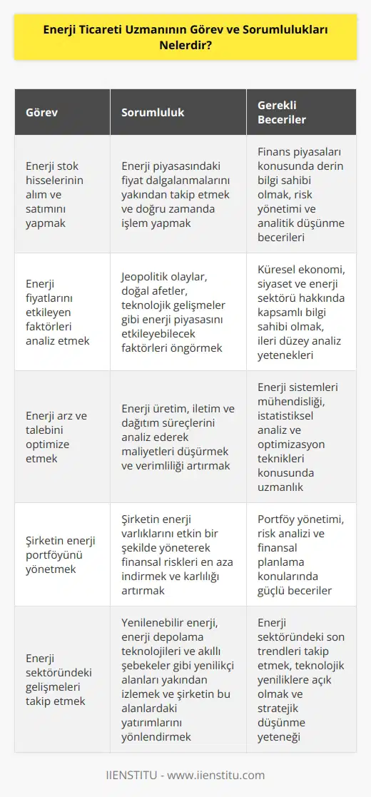 Enerji ticareti uzmanı, enerji stok hisselerini alan ve satan kişidir. Enerji fiyatlarını şekillendiren tüm faktörlerin yanı sıra piyasayı etkileyebilecek olayları önceden tespit eden kişidir. Maliyetleri düşürmek ve kullanılabilirliği en üst düzeye çıkarmak için enerji arz ve talebinin analiz işlemlerini yapar.