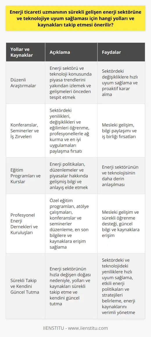 Enerji ticaret uzmanının sürekli gelişen enerji sektörüne ve teknolojiye uyum sağlaması için bazı önemli yolları ve kaynakları takip etmesi gerekmektedir. İlk önce, enerji sektörü ve teknoloji konusunda düzenli araştırmalar yapması, piyasa trendlerini yakından izlemesi ve gelişmeleri önceden tespit etme yeteneğine sahip olması beklenir. Bu sürecin bir parçası, enerji kaynaklarını, üretimi, yönetimi ve fiyatları ilgilendiren politika ve düzenlemeleri anlamak ve takip etmektedir. Bunun yanı sıra, enerji sektörü ile ilgili konferanslar, seminerler ve iş zirveleri, profesyoneller için önemli bilgi kaynakları olabilir. Bu etkinlikler, sektördeki yenilikleri, değişiklikleri ve eğilimleri öğrenme, sektördeki diğer profesyonellerle ağ kurma ve en iyi uygulamaları paylaşma fırsatı sağlar. Ayrıca enerji ticareti uzmanları, enerji politikaları, düzenlemeler ve piyasalar hakkında gelişmiş bilgi ve anlayış elde etmek için çeşitli eğitim programları ve kurslara katılabilirler. Bu programlar, enerji sektörünün ve teknolojisinin anlaşılmasını derinleştirmeye yardımcı olur. Diğer bir önemli kaynak ise profesyonel enerji dernekleri ve kuruluşlarıdır. Bu dernekler, enerji ticareti uzmanlarının mesleki gelişimlerini ve sürekli öğrenmelerini desteklemeye yardımcı olan özel eğitim programları, atölye çalışmaları, konferanslar ve seminerler düzenler. Ayrıca, enerji ticareti ve ilgili konularda en son bilgilere ve kaynaklara erişim sağlar. Enerji ticareti uzmanlarının, enerji sektörünün hızla değişen doğası nedeniyle, bu yolları ve kaynakları sürekli olarak takip etmeleri ve kendilerini güncel tutmaları kritik öneme sahiptir. Bu, onlara sektördeki ve teknolojideki yeniliklere hızla uyum sağlama, işletmelerin enerji politikalarını ve stratejilerini etkili bir şekilde belirleme ve enerji kaynaklarını en verimli şekilde yönetme yeteneği kazandırır.