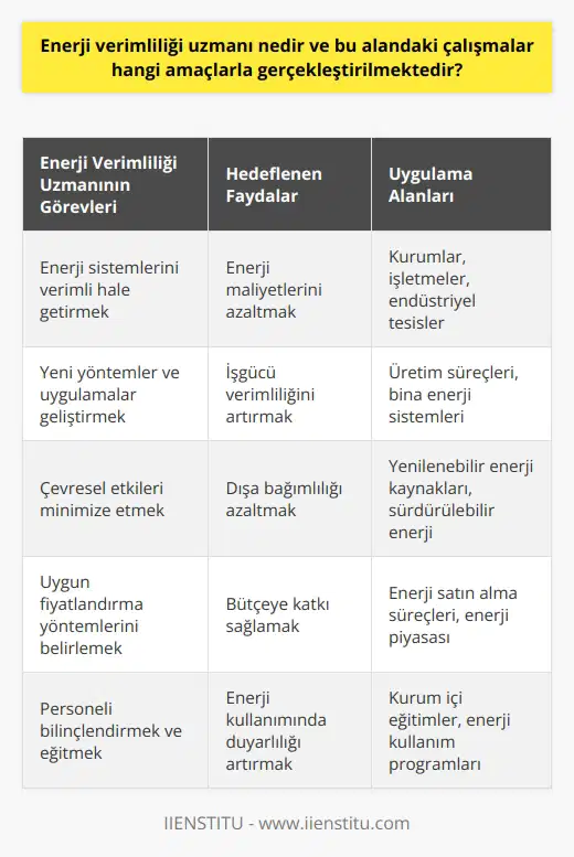 Enerji Verimliliği Uzmanı ve Amaçları Enerji verimliliği uzmanı, kurum ve işletmelerde kullanılan enerji sistemlerini daha verimli ve işlevsel hale getirmeyi amaçlayan kişilerdir. Bu alandaki çalışmaların başlıca amacı, enerji kullanımını etkin şekilde yöneterek, hem ekonomik hem de çevresel açıdan olumlu sonuçlar elde etmektir. Enerji Verimliliğini Artırma Yöntemleri Enerji uzmanları, enerji kullanımının değerlendirilmesi ve verimli hale getirilmesi için yeni yöntemler ve uygulamalar geliştirirler. Bu sayede enerji maliyetlerini azaltarak, işletmelerin ve kurumların daha fazla iş gücü elde etmelerini sağlarlar. Ayrıca, enerji verimliliği sayesinde dışa bağımlılığın azalması ve toplumsal istihdamın artması hedeflenmektedir. Çevreyi Koruma ve Sürdürülebilir Enerji Kaynakları Enerji uzmanları, enerjinin verimli kullanılmasıyla birlikte, çevreye olan zararlı etkilerin minimize edilmesini sağlarlar. Özellikle yenilenebilir ve sürdürülebilir enerji kaynaklarına yönelik çalışmalar yaparak, enerji kullanımında çevresel etkileri en aza indirgemeyi amaçlarlar. Enerji Fiyatlandırması ve Satın Alma Enerji uzmanları, enerji satın alma süreçlerinde uygun fiyat yöntemlerini belirlemekte önemli bir role sahiptirler. Bu sayede enerji maliyetlerinin daha düşük seviyelerde tutulması ve işletmelerin bütçelerine katkı sağlanması hedeflenmektedir. Personel Eğitimi ve Bilinçlendirme Enerji verimliliği uzmanları, kurum ve işletme personellerine enerji verimliliği konusunda eğitimler vererek bilinçlendirme faaliyetleri gerçekleştirirler. Bu eğitimlerle, teknik ve teorik bilgiler aktararak enerji kullanım programlarını oluşturarak, personelin enerji verimliği konusunda daha duyarlı hale gelmesi amaçlanmaktadır. Sonuç Enerji verimliliği uzmanı, enerji kullanımını etkin yöneterek, ekonomik ve çevresel açıdan olumlu sonuçların elde edilmesini hedefleyen önemli bir meslek çalışanıdır. Kurum ve işletmelerin enerji ihtiyacını en optimum şekilde karşılamak amacıyla enerji yönetimi, yenilenebilir enerji, fiyatlandırma ve eğitim gibi çeşitli alanlarda çalışmalarını sürdürmektedirler.