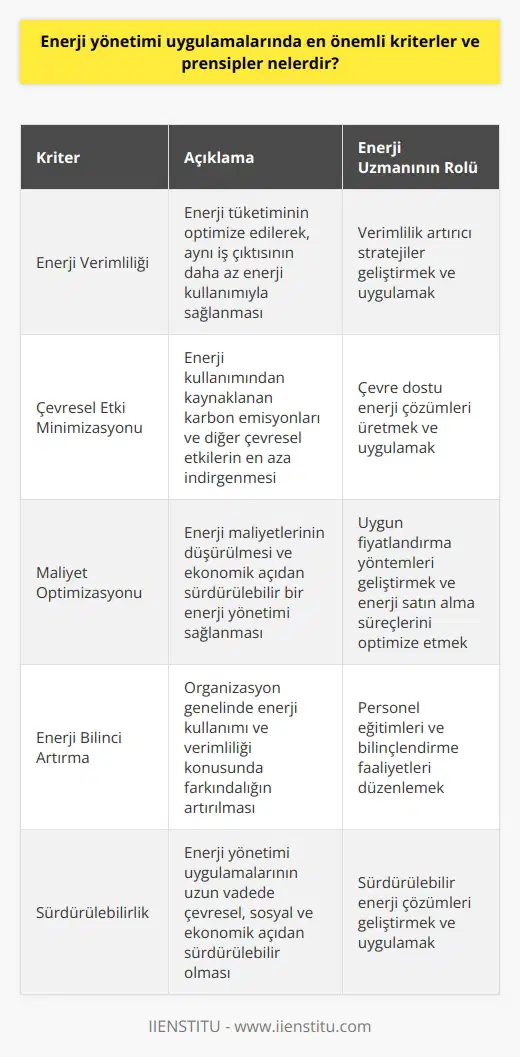 Enerji yönetimi uygulamalarında en önemli kriterler, enerji sisteminin verimliliği, ekonomikliği ve sürdürülebilirliği hedefleyen ilke ve yöntemlerdir. Enerji uzmanı bu kriterlerin yerine getirilmesi amacıyla hareket etmeli ve enerji tüketiminde çevresel etkilerin minimize edilmesi yönünde stratejiler geliştirmelidir. Enerji uzmanının kritik rolü, enerjinin etkin yönetimini sağlamak ve enerji maliyetlerini optimize etmektir. Bunun yanında, çevresel etkileri en aza indirgeyecek yöntemler ile enerji kullanımının verimli hale getirilmesi de etkin enerji yönetiminin önemli kriterleri arasında yer alır. Enerji uzmanı, bu alanlarda çözümler üreterek, enerji kullanımında ve yönetiminde verimliliği artırmayı hedefler. Enerji uzmanının bir diğer görevi ise, enerji satın almak ve enerji faturalarını düşürmeye yardımcı olacak uygun fiyat yöntemleri hazırlamaktır. Enerji yönetiminde önemli bir kriter olan ekonomiklik, enerji uzmanının maliyetleri düşürerek verimliliği arttırma hedefiyle doğrudan ilişkilidir. Ayrıca, enerji uzmanı, enerji konusunda personel eğitimi vererek ve bilinçlendirme faaliyetleri düzenleyerek, enerji tüketimi ve kullanımı konusunda genel farkındalığı artırmayı hedefler. Organizasyonun enerji yönetimine katılımını artırmak ve enerji verimliliğini genel bir kültür haline getirmek, enerji uzmanının önemli görevlerindendir. Özetle, enerji yönetimi uygulamalarında en önemli kriterlerin enerji verimliliği, çevresel etkinin minimalizasyonu, enerji maliyetlerinin optimize edilmesi ve enerji bilincinin artırılması olduğu söylenebilir. Bu kriterlerin yerine getirilmesi, enerji uzmanının görevleri arasında olup, enerji yönetiminin etkinliği için kritik bir rol oynar. Bu nedenle, enerji uzmanları enerji yönetimi uygulamalarının başarılı sonuçlar vermesinde temel bir öneme sahiptir.