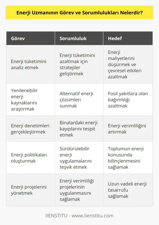 Enerji uzmanı, enerji tüketimini azaltmak için mümkün olan bütün seçenekleri incelemekten sorumlu olan kişidir. Yeşil enerji sistem ve politikaları oluşturmak başlıca görevleri arasında sıralanabilir. Alternatif enerji kaynakları kullanımına teşvik etmeli, binaların enerjiyi boşa harcadığı alanları tespit etmeli ve enerji verimliliğini yükseltmekle ilgili çalışmaları yürütmelidir.