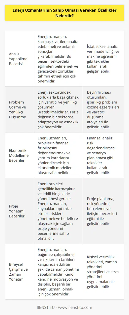 Bir enerji uzmanı öncelikle analiz yapabilme becerisine sahip olmalıdır. Karşılaşılacak problemlere hazırlıklı olmalı ve problemlere yenilikçi çözümler üretebilmelidir. Ekonomik modelleme yapabilmeleri oldukça önemli olduğu gibi proje yönetimini gerçekleştirebilme konusunda    becerisi gösterebilmelidir ayrıca gerekli zamanlarda kendisinden beklene bireysel çalışmaları beklenen süre içerisinde teslim edebilmelidir.