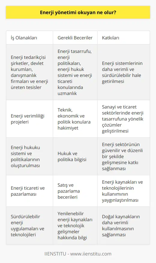 Enerji Yönetimi İçin Kariyer Olanakları Enerji yönetimi eğitimi alan bir kişi, enerji sektöründe çalışma fırsatları elde eder ve enerji politikalarının oluşturulmasına katkı sağlayarak mevcut enerji sistemlerinin daha verimli ve sürdürülebilir hale getirilmesine yardımcı olur. İş Olanakları ve Alanlar Enerji yönetimi alanında çalışanlar enerji tedarikçisi şirketler, devlet kurumları, danışmanlık firmaları ve enerji üreten tesislerde görev alabilirler. Bu sektördeki profesyoneller genellikle enerji tasarrufu, enerji politikaları, enerji hukuk sistemi ve enerji ticareti alanlarında uzmanlaşır. Enerji Verimliliği ve Tasarrufu Enerji yönetimi okuyanlar, enerji verimliliği ile ilgili projelerde çalışarak özellikle sanayi ve ticaret sektörlerinde enerji tasarrufuna yönelik çözümler geliştirir. Bu alanda hem teknik, hem de ekonomik ve politik konulara hakimsiyet sağlanır. Enerji Hukuku Sistemi ve Politikaları Enerji yönetimi eğitimi alan profesyoneller enerji hukuku sistemi ve enerji politikalarının oluşturulması sürecinde rol alır. Bu süreç, enerji sektörünün güvenilir ve düzenli bir şekilde gelişmesine katkı sağlar. Enerji Ticareti ve Pazarlaması Enerji yöneticileri, enerji ticareti ve pazarlama alanlarında da etkinilik göstererek enerji kaynakları ve teknolojilerinin kullanımını daha yaygın hale getirir. Enerji üreten tesislerin satış ve pazarlama süreçlerinin düzenlenmesinde önemli bir rol üstlenirler. Sürdürülebilir Enerji Uygulamaları ve Teknolojileri Enerji yönetimi eğitimi alan kişiler, sürdürülebilir enerji uygulamalarını yaygınlaştırarak doğal kaynakların daha verimli kullanılmasını sağlar. Yenilenebilir enerji kaynaklarının kullanımı ve teknolojik gelişmelerin uygulanması konusunda yönlendirici olur. Sonuç olarak, enerji yönetimi alanında eğitim alan bir kişi, enerji sektöründeki iş olanakları ve kariyer imkanları geniş bir yelpazede olup, bu alanda çalışanlar enerji sistemlerinin daha verimli ve sürdürülebilir hale getirilmesine katkıda bulunur.