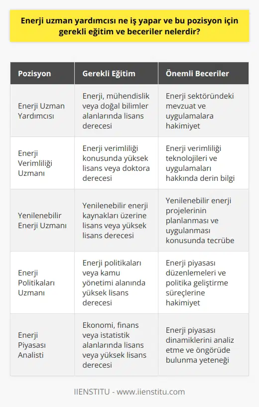 **Enerji Uzman Yardımcısı Görevleri** Enerji uzman yardımcısı, enerji sektöründeki projelerin uygulanmasında ve yönetiminde çalışan profesyonellerdir. Bu görevliler, enerji politikalarının belirlenmesi, enerji kaynaklarının kullanımı ve enerji talebi öngörüleri gibi süreçlere katkı sağlarlar. Ayrıca kamudaki kurum ve kuruluşlarla koordinasyon sağlayarak, enerji piyasasına ilişkin düzenlemelerin ve kararların uygulanmasını denetlerler. **Eğitim ve Öğrenim Gereksinimleri** Enerji uzman yardımcısı olabilmek için, genellikle enerji, mühendislik veya doğal bilimler alanlarında lisans derecesi gerekmektedir. İlgili alanlardaki yüksek lisans ve doktora dereceleri ise bu görevlerin üst düzeylerinde tercih sebebi olmaktadır. Ayrıca Türkiye Cumhuriyeti vatandaşı olmak ve Kamu Personeli Seçme Sınavından (KPSS) yeterli puan almak da önemlidir. **Gerekli Beceriler ve Nitelikler** Enerji uzman yardımcısı adaylarının, enerji sektöründeki mevzuat ve uygulamalara hakim olması esastır. becerileri ile iletişim ve takım çalışması yetenekleri de önem taşımaktadır. Ayrıca enerji verimliliği, yenilenebilir enerji ve enerji politikaları gibi alanlarda bilgi sahibi ve yenilikleri takip edebilme kabiliyeti göstermek önemli bir artıdır. **Mesleki Gelişim ve Kariyer Fırsatları** Enerji uzman yardımcıları, hizmet içi eğitim programları ve seminerler aracılığıyla mesleki bilgi ve becerilerini geliştirme imkanı bulurlar. Bu sayede mesleki kariyerlerinde enerji uzmanı, enerji verimliliği uzmanı veya enerji politikaları uzmanı gibi daha üst düzey pozisyonlarda görev alabilmektedirler. Ayrıca, enerji sektöründe faaliyet gösteren özel şirketler, düşünce kuruluşları ve uluslararası enerji örgütleri gibi alanlarda da istihdam olanakları bulunmaktadır.