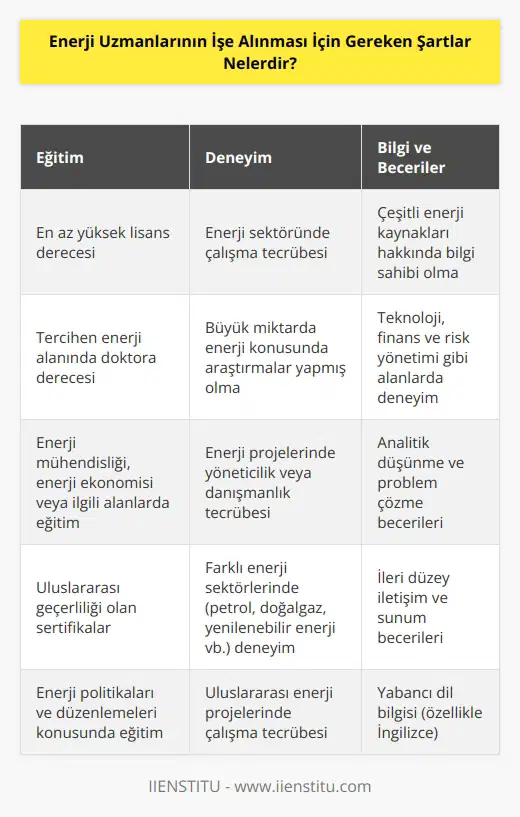 Enerji uzmanlarının işe alınması için gereken şartlar şunlardır: 1. Enerji uzmanlarının en az bir yüksek lisans derecesine sahip olması gerekmektedir. 2. Uzmanların büyük miktarda enerji konusunda tecrübeye sahip olmaları veya bu alanda araştırmalar yapmış olmaları gerekmektedir. 3. Uzmanların çeşitli enerji kaynakları hakkında bilgi sahibi olmaları gerekmektedir. 4. Uzmanların enerji sektöründe çalışmış olmaları veya çalışma tecrübesine sahip olmaları gerekmektedir. 5. Uzmanların, enerji konularının yanı sıra teknoloji, finans ve risk yönetimi gibi çeşitli alanlarda da deneyimli olmaları gerekmektedir.