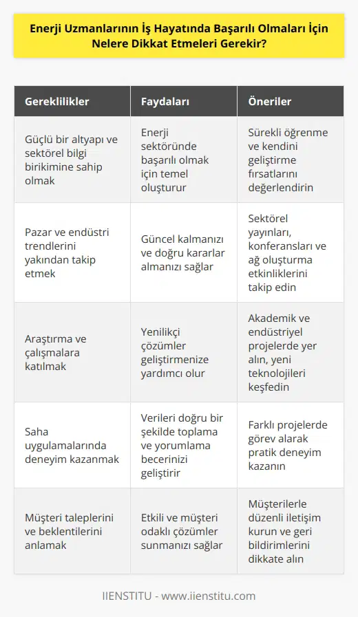 Enerji Uzmanlarının başarılı olmaları için, öncelikle iyi bir altyapıya sahip olmaları gerekir. Bu altyapı, enerji uzmanının sektöre dair temel bilgileri, alanlarına dair özgün anlayışı ve çözümleri içerir. Enerji uzmanları, pazarı ve endüstriyi yakından takip etmeli ve gelişmeleri doğru bir şekilde değerlendirme yeteneğine sahip olmalıdır. Aynı zamanda, endüstrinin trendlerini yakından takip ederek, süreçleri ve teknolojileri güncel tutmalıdır. Enerji uzmanları, yüksek kaliteli ve sorunsuz çözümler tasarlamak için sürekli araştırmalara ve çalışmalara katılmalıdır. Bu, onların önündeki zorlukları çözmek için yeni ve yaklaşımlara ihtiyaç duydukları anlamına gelir. Enerji uzmanlarının, sahada kullanılabilir verilerin toplanması ve bunların doğru bir şekilde yorumlanmasını sağlamak için, uygulamaları da önemlidir. Enerji uzmanlarının, müşteri taleplerini ve beklentilerini anlamaları ve bunu destekleyen çözümler geliştirmeleri de başarılı olmaları açısından önemlidir. Ayrıca, de bu meslek için önemlidir.