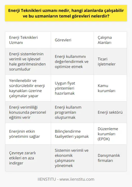 Enerji Teknikleri Uzmanı Nedir ve Hangi Alanlarda Çalışabilir? Enerji teknikleri uzmanı, kurum ve işletmeler için enerji sistemlerinin daha verimli ve işlevsel hale getirilmesinden sorumlu olan kişilerdir. Enerji kullanımını değerlendiren ve yenilikçi yöntemlerle kullanımını optimize eden bu uzmanların en önemli görevi enerjinin etkin yönetimi ve çevreye zararlı etkilerinin en aza indirgenmesidir. Enerji Uzmanlarının Temel Görevleri Enerji uzmanlarının temel görevleri arasında sistemin verimli ve ekonomik çalışmasını yönetmek yer alır. Özellikle yenilenebilir ve sürdürülebilir enerji kaynakları ile ilgili çalışmalar yapmaları ve enerji satın almak için uygun fiyat yöntemleri hazırlamaları beklenir. Ayrıca, enerji verimliliği konusunda personel eğitimi verebilirler ve enerji kullanım programları oluşturarak bilinçlendirme faaliyetleri yapabilirler. Çalışma Alanları Enerji uzmanları çok geniş bir çalışma alanına sahiptir. Son yıllarda enerji sektöründe yaşanan gelişmeler ve sektörel büyüme, enerji uzmanlarına özellikle ticari işletmeler ve kamu kurumlarında önemli iş fırsatları sunmaktadır. Görev aldıkları iş sahasına bağlı olarak görev ve sorumlulukları da farklılıklar gösterebilir. Eğitim Gereksinimleri Üniversitelerde dört yıllık eğitim veren enerji ve doğal kaynaklar ile ilgili bölümlerden en az lisans derecesi ile mezun olmaları gerekmektedir. Enerji Piyasası Düzenleme Kurumunda (EPDK) uzman olarak görev alabilmek için belirlenen kriterleri yerine getirmek gereklidir. Sonuç olarak, enerji teknikleri uzmanı, enerji verimliliğini sağlamak ve çevreye zararlı etkilerini azaltmak için önemli bir rol oynar. Bu alanda çalışanların bilgi ve beceri düzeylerinin yüksek olması, enerji kullanımının daha etkili ve verimli hale getirilmesinde büyük öneme sahiptir. Bu da ekonomik olarak toplumsal istihdamın yapılmasını ve enerjide olan dışa bağımlılığın azalmasına katkı sağlamaktadır.