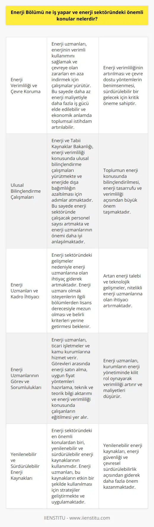 Enerji Bölümü Ne İş Yapar ve Enerji Sektöründeki Önemli Konular Nelerdir? Enerji bölümü çalışanları ve enerji uzmanları, kurum ve işletmelerin enerji sistemlerinin daha verimli ve işlevsel hale getirilmesi için önemli roller üstlenirler. Enerji kullanımını değerlendirerek etkin yönetim sağlamak ve yeni yöntemlerle enerjinin verimli kullanılmasını amaçlamaktadırlar. Özellikle yenilenebilir ve sürdürülebilir enerji kaynakları, enerji sektöründeki önemli konuların başında gelmektedir. Enerji Verimliliği ve Çevre Koruma Enerji uzmanlarının görevlerinden biri de enerjinin verimli kullanımının sağlanması ve çevreye olan zararlı etkilerinin önlenebilmesi için çalışmalar yürütmektir. Bu sayede daha az enerji maliyeti ile daha fazla iş gücü elde edilebilir ve ekonomik anlamda toplumsal istihdam artırılabilir. Ulusal Bilinçlendirme Çalışmaları Ulusal anlamda enerji verimliliği ile ilgili bilinçlendirme çalışmalarının yürütülmesi ve enerjide dışa bağımlılığın azalması için enerji ve tabii kaynaklar bakanlığı da bu konuda ciddi adımlar atmaktadır. Böylece enerji sektöründe çalışacak personel sayısının artması ve enerji uzmanlarının önemi daha çok anlaşılmaktadır. Enerji Uzmanları ve Kadro İhtiyacı Son yıllarda enerji sektöründeki gelişmeler nedeniyle enerji uzmanlarına duyulan ihtiyaç giderek artmaktadır. Enerji uzmanı olmak isteyen kişilerin üniversitelerin ilgili bölümlerinden lisans derecesi ile mezun olması ve belirli kriterleri yerine getirmesi beklenir. Bu alanlarda çalışacak uzmanlar, enerji verimliliği ve çevre koruma konularında önemli atılımlar sağlayabilirler. Enerji Uzmanlarının Görev ve Sorumlulukları Enerji uzmanlarının çalışma alanı oldukça geniştir ve özellikle ticari işletmeler ile kamu kurumlarına hizmet verirler. Görev aldıkları iş sahasına bağlı olarak farklı sorumlulukları bulunmakla birlikte, enerji satın alma ve uygun fiyat yöntemleri hazırlama, teknik ve teorik bilgi aktarımı ve enerji verimliliği konusunda çalışanların eğitilmesi gibi önemli işleri üstlenirler. Sonuç olarak, enerji bölümündeki çalışanlar ve enerji uzmanları; enerji verimliliğini artırma, çevre dostu yöntemlerin benimsenmesi ve enerji sektöründe bilinçli adımlar atılabilmesi için önemli roller oynamaktadırlar. Bu sayede hem ekonomik hem de çevresel açıdan kazanımlar elde edilmesi hedeflenmektedir.