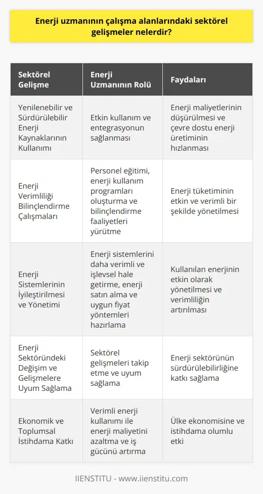 Sektörel Gelişmeler ve Enerji Uzmanının Rolü  Enerji sektöründe yaşanan sektörel gelişmeler sayesinde enerji uzmanları, kurum ve işletmeler için önemli bir kadro olarak görülmektedir. Verimli enerji kullanımı sağlayarak enerji maliyetini azaltan ve iş gücünü artıran enerji uzmanları, ekonomik ve toplumsal istihdama katkıda bulunmaktadır. Bu bağlamda, enerji uzmanlarının çalışma alanlarındaki sektörel gelişmeleri incelemekte fayda vardır.  Yenilenebilir ve Sürdürülebilir Enerji Kaynakları  Enerji uzmanlarının üzerinde önemle durduğu konulardan biri yenilenebilir ve sürdürülebilir enerji kaynaklarıdır. Bu kaynakların etkin kullanımı ve entegrasyonu enerji uzmanların temel sorumlulukları arasında yer alır. Bu sayede hem enerji maliyetleri düşürülmekte hem de çevre dostu enerji üretimi hız kazanmaktadır.  Enerji Verimliliği Bilinçlendirme Çalışmaları  Ulusal düzeyde enerji verimliliği konusunda önemli bilinçlendirme çalışmaları yürütülmektedir. Enerji uzmanları, bu alanda personel eğitimi vererek enerji kullanım programları oluşturmakta ve bilinçlendirme faaliyetleri yapmaktadır. Bu çalışmalar çerçevesinde, enerji tüketiminin etkin ve verimli bir şekilde yönetilmesi amaçlanmaktadır.  Enerji Sistemlerinin İyileştirilmesi ve Yönetimi  Enerji uzmanların diğer önemli bir görevi de kurum ve işletmelerin enerji sistemlerinin daha verimli ve işlevsel hale getirilmesidir. Kullanılan enerjinin etkin olarak yönetilmesini sağlayarak enerjinin verimli hale getirilmesi enerji uzmanın ana sorumluluklarındandır. Ayrıca, enerji satın alma ve uygun fiyat yöntemleri hazırlamak da enerji uzmanın önemli bir diğer sorumluluğudur.  Sonuç olarak, enerji uzmanlarının çalışma alanlarındaki sektörel gelişmeler sürekli değişim göstermekte ve bu durum enerji uzmanlarının önemini her geçen gün daha da artırmaktadır. Bu sebeple enerji uzmanları, enerji sektöründeki değişim ve gelişmelere uyum sağlayarak, sektörün sürdürülebilirliğine katkı sağlamaktadır.