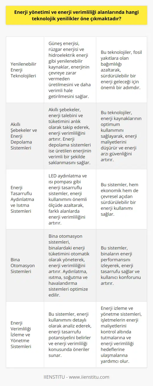 Enerji Yönetimi ve Verimliliği Alanlarında Teknolojik Yenilikler  Enerji uzmanları, enerji yönetimi ve verimliliği konularında son derece önemli bir role sahiptir. Özellikle enerji sektöründeki gelişmeler ve daha az enerji kullanarak daha fazla iş gücü sağlama hedefleri doğrultusunda, enerji yönetimi ve enerji verimliliği alanlarında önemli teknolojik yenilikler öne çıkmaktadır. Bu yenilikler enerji sektöründe ekonomik ve çevresel sürdürülebilirliği sağlamak amacıyla geliştirilmekte ve enerji uzmanları tarafından sürekli olarak değerlendirilmektedir.   Yenilenebilir Enerji Teknolojileri  Yenilenebilir enerji teknolojileri, enerji yönetimi ve enerji verimliliği alanında en önemli yeniliklerden biridir. Güneş enerjisi, rüzgar enerjisi, hidroelektrik enerji gibi yenilenebilir enerji kaynakları, enerjinin çevreye zarar vermeden üretilmesini ve daha verimli hale getirilmesini sağlamaktadır.  Akıllı Şebekeler ve Enerji Depolama Sistemleri  Akıllı şebekeler, enerji talebini ve tüketimini anlık olarak takip ederek, enerji verimliliğini artırmak için önemli bir teknolojidir. Bu şebekeler sayesinde, enerji kullanım önceliklerine göre enerji dağıtımı optimize edilmekte ve enerji kaynakları daha verimli kullanılmaktadır. Enerji depolama sistemleri ise, üretilen enerjinin verimli bir şekilde saklanmasını ve ihtiyaç halinde kullanılmasını sağlamaktadır.  Enerji Tasarruflu Aydınlatma ve Isıtma Sistemleri  Enerji verimliliği alanında öne çıkan bir diğer yenilik ise, LED aydınlatma ve ısı pompası gibi enerji tasarruflu aydınlatma ve ısıtma sistemleridir. Bu sistemler, enerji kullanımını önemli ölçüde azaltarak, farklı alanlarda enerji verimliliğini artırmaktadır.  Bina Otomasyon Sistemleri  Bina otomasyon sistemleri, enerji yönetimi ve verimliliği açısından önemli teknolojik yeniliklerden biridir. Bu sistemler, binalardaki enerji tüketimini otomatik olarak yöneterek, enerji verimliliğini artırmaktadır. Bina otomasyon sistemleri sayesinde, aydınlatma, ısıtma, soğutma ve havalandırma sistemleri enerji tasarrufu sağlayacak şekilde optimize edilmektedir.  Enerji Verimliliği İzleme ve Yönetme Sistemleri  Enerji yönetimi ve verimliliği alanında kullanılan izleme ve yönetme sistemleri, enerji kullanımını detaylı olarak analiz ederek enerji tasarrufu potansiyelini belirlemektedir. Bu sistemler vasıtasıyla, enerji kullanımına ilişkin bilgiler toplanmakta ve enerji verimliliği konusunda öneriler sunulmaktadır. Bu teknolojik yenilikler, enerji uzmanları tarafından enerji yönetimi ve verimliliği alanında önemli başarılar elde edilmesini sağlamıştır.