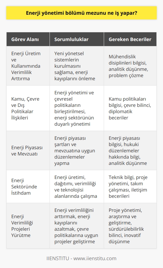 Enerji Yönetimi Bölümü Mezunu Ne İş Yapar?  Enerjiye olan ihtiyaç sonsuzdur ve günümüz dünyasında enerjiden maksimum düzeyde verim almak büyük önem taşır. Bu bağlamda enerji yönetimi bölümü mezunları, enerji üretimi ve kullanımı sürecinde ortaya çıkan sorunları disiplinler arası bir bakış açısıyla belirleyen ve alanında çözümler üreten nitelikli elemanlar olarak görev yaparlar.   Enerji Üretim ve Kullanımında Verimlilik Arttırmak  Enerji yönetimi bölümü mezunları, enerji üretimi ve kullanımında verimliliği arttırma yolları üzerine çalışır ve incelemeler yaparlar. Mühendislik disiplinlerinden yararlanarak yeni yönetsel sistemlerin kurulmasını sağlarlar. Ayrıca enerji verimliliğinin arttırılması ve var olan enerji kayıplarının önlenmesi konularında deneyimli ve yetenekli profesyonellerdir.  Kamu, Çevre ve Dış Politikalar İlişkileri  Enerji yönetimi bölümü mezunları, mühendislik disiplinleriyle yakın olduğu kadar kamu, çevre ve dış politikalar disiplinleriyle de yakın ilişki içerisindedir. Bu nedenle enerji yönetimi ve çevresel politikaların birleştirilmesi ve enerji sektörünün duyarlı bir şekilde yönetilmesi konularında büyük katkılar sağlarlar.  Enerji Piyasası ve Mevzuatı  Enerji yönetimi bölümü mezunları, enerji piyasasının şartları ve mevzuatı hakkında bilgi sahibidirler ve bu nedenle enerjinin piyasa şartları ve kanunları tarafından düzenlenmesi süreçlerine etkin katılımlar sağlarlar. Ülkemizin enerji alanında ihtiyaç duyduğu düzenlemeleri gerçekleştirebilir, disiplinler arası iş gücünü karşılayabilir ve enerji yönetimi ve teknolojileri konusunda uzman kadroları yetiştirebilirler.  Enerji Sektöründeki İş Fırsatları  Günümüzde enerji sektöründe sayıları ve büyüklükleri giderek artan şirketler bulunmaktadır. Bu durum enerji yönetimi bölümü mezunları için büyük iş fırsatları sunar. Özellikle enerji üretimi, dağıtımı, verimliliği ve teknolojisi alanlarında çalışabilecek yetenekli ve deneyimli uzmanlar enerji sektöründe çok değerlidir.  Sonuç olarak, enerji yönetimi bölümü mezunları, enerji verimliliğini arttırmak, enerji kayıplarını azaltmak ve enerji yönetimi ve çevre politikalarına uygun projeler yürütme gibi önemli görevler üstlenirler. Bu sayede enerji sektöründe büyük katkılar sağlayarak ülkemizin ekonomik ve sosyal kalkınmasına yardımcı olurlar.