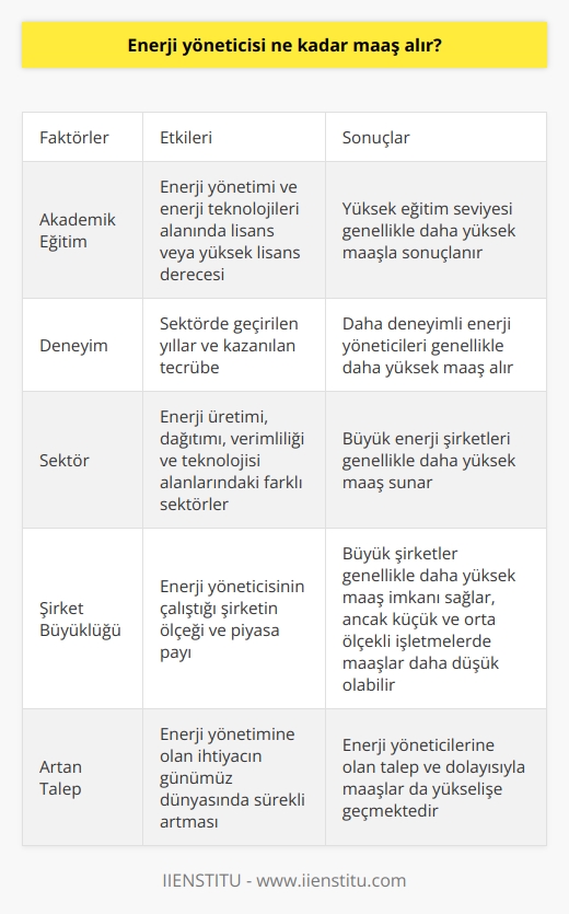 ları  Günümüz dünyasında enerjiye olan ihtiyaç sonsuzdur ve enerji yönetiminin önemi her geçen gün artmaktadır. Bu durumda, enerji yöneticilerinin maaşları ne kadar olmaktadır? Enerji yönetimi alanında çalışan profesyonellerin maaşları, deneyim, eğitim düzeyi, sektör ve çalıştıkları şirketin büyüklüğü gibi faktörlere bağlı olarak değişiklik göstermektedir.   Enerji Yöneticisi Ne İş Yapar?  Enerji yöneticileri, enerji üretimi ve kullanımı sürecinde ortaya çıkan sorunları belirleyebilen ve çözümler üretebilen nitelikli elemanlardır. Enerji yönetimi bölümü, enerji üretimi ve kullanımında verimliliği arttırma yolları üzerine çalışmalar ve incelemeler yapan bir alandır. Enerji yöneticileri, çevresel koşullardan ödün vermeden enerji kaynaklarının ve enerjinin verimli kullanılmasını sağlayan planlama, izleme, etüt ve uygulama faaliyetlerini yürütürler.  Akademik Eğitim ve Deneyim Faktörleri  Enerji yöneticisi olmak için alınması gereken akademik eğitim, enerji yönetimi ve enerji teknolojileri alanında lisans veya yüksek lisans derecesi olmalıdır. Bu alanda çalışan profesyonellerin maaşı, aldıkları eğitim ve deneyim seviyelerine göre değişkenlik gösterebilir. Yeni mezun ve az deneyimli enerji yöneticileri, bu sektörde çalışan daha deneyimli ve yüksek eğitim düzeyine sahip olan meslektaşlarına göre genellikle daha düşük maaş almaktadır.  Sektör ve Şirket Faktörleri  Enerji yöneticisinin çalıştığı sektör ve şirketin büyüklüğü de maaşlar üzerinde etkili olmaktadır. Özellikle enerji üretimi ve dağıtımı, verimliliği ve teknolojisi alanında faaliyet gösteren büyük şirketlerde enerji yöneticileri daha yüksek maaş alabilirler. Bununla birlikte, devlet sektöründe veya küçük ve orta ölçekli işletmelerde çalışan enerji yöneticilerinin maaşları ise görece daha düşük olabilir.  Sonuç  Enerji yönetimi sektöründe enerji yöneticisi olarak çalışan profesyonellerin maaşları, bir dizi faktöre bağlı olarak değişiklik göstermektedir. Akademik eğitim, deneyim, sektör ve şirketin büyüklüğü enerji yöneticilerinin maaş seviyelerinde önemli bir rol oynamaktadır. Enerji yönetimi alanının öneminin giderek arttığı günümüz dünyasında, enerji yöneticilerine olan talep ve bu alanda elde edilebilecek maaşlar da sürekli olarak yükselişe geçmektedir.