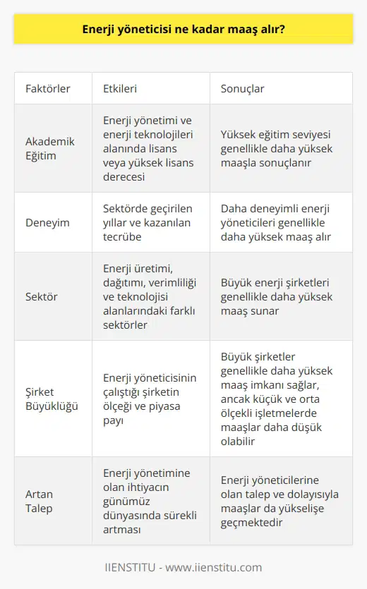 ları Günümüz dünyasında enerjiye olan ihtiyaç sonsuzdur ve enerji yönetiminin önemi her geçen gün artmaktadır. Bu durumda, enerji yöneticilerinin maaşları ne kadar olmaktadır? Enerji yönetimi alanında çalışan profesyonellerin maaşları, deneyim, eğitim düzeyi, sektör ve çalıştıkları şirketin büyüklüğü gibi faktörlere bağlı olarak değişiklik göstermektedir. Enerji Yöneticisi Ne İş Yapar? Enerji yöneticileri, enerji üretimi ve kullanımı sürecinde ortaya çıkan sorunları belirleyebilen ve çözümler üretebilen nitelikli elemanlardır. Enerji yönetimi bölümü, enerji üretimi ve kullanımında verimliliği arttırma yolları üzerine çalışmalar ve incelemeler yapan bir alandır. Enerji yöneticileri, çevresel koşullardan ödün vermeden enerji kaynaklarının ve enerjinin verimli kullanılmasını sağlayan planlama, izleme, etüt ve uygulama faaliyetlerini yürütürler. Akademik Eğitim ve Deneyim Faktörleri Enerji yöneticisi olmak için alınması gereken akademik eğitim, enerji yönetimi ve enerji teknolojileri alanında lisans veya yüksek lisans derecesi olmalıdır. Bu alanda çalışan profesyonellerin maaşı, aldıkları eğitim ve deneyim seviyelerine göre değişkenlik gösterebilir. Yeni mezun ve az deneyimli enerji yöneticileri, bu sektörde çalışan daha deneyimli ve yüksek eğitim düzeyine sahip olan meslektaşlarına göre genellikle daha düşük maaş almaktadır. Sektör ve Şirket Faktörleri Enerji yöneticisinin çalıştığı sektör ve şirketin büyüklüğü de maaşlar üzerinde etkili olmaktadır. Özellikle enerji üretimi ve dağıtımı, verimliliği ve teknolojisi alanında faaliyet gösteren büyük şirketlerde enerji yöneticileri daha yüksek maaş alabilirler. Bununla birlikte, devlet sektöründe veya küçük ve orta ölçekli işletmelerde çalışan enerji yöneticilerinin maaşları ise görece daha düşük olabilir. Sonuç Enerji yönetimi sektöründe enerji yöneticisi olarak çalışan profesyonellerin maaşları, bir dizi faktöre bağlı olarak değişiklik göstermektedir. Akademik eğitim, deneyim, sektör ve şirketin büyüklüğü enerji yöneticilerinin maaş seviyelerinde önemli bir rol oynamaktadır. Enerji yönetimi alanının öneminin giderek arttığı günümüz dünyasında, enerji yöneticilerine olan talep ve bu alanda elde edilebilecek maaşlar da sürekli olarak yükselişe geçmektedir.