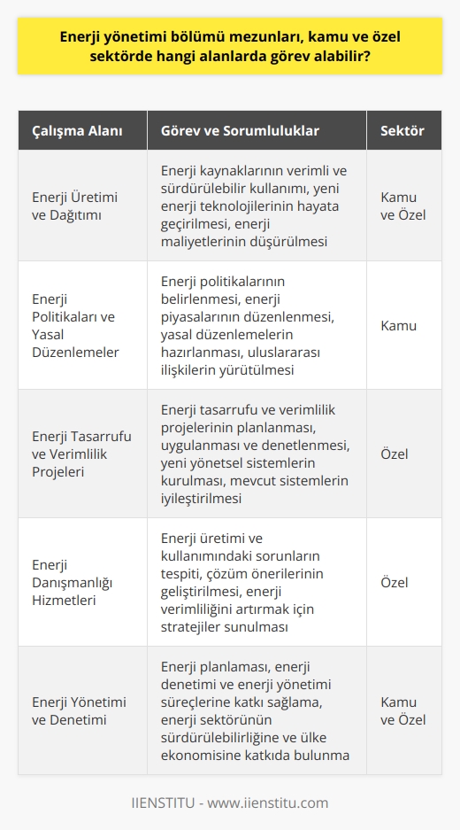 Enerji Yönetimi Bölümü Mezunlarının İstihdam Alanları  Enerji yönetimi bölümünden mezun olan öğrenciler, günümüz enerji sektörünün hızla gelişen ihtiyaçlarını karşılamak üzere kamu ve özel sektörde farklı alanlarda görev alabilirler. Türkiyede enerji ihtiyacının büyük bir kısmının ithal edilen fosil yakıtlardan karşılandığı düşünüldüğünde, enerji yönetimi mezunları ülkemizin enerji verimliliği, enerji kaynaklarının etkin kullanımı ve enerji kayıplarının önlenmesi konusunda önemli bir rol oynamaktadır.  Enerji Üretimi ve Dağıtım Sektörü  Enerji yönetimi bölümü mezunları, enerji üretimi ve dağıtımı alanında çalışarak enerji kaynaklarının verimli ve sürdürülebilir bir şekilde kullanılması ve tüketimine yönelik stratejiler geliştirebilirler. Ayrıca, yeni enerji teknolojilerini hayata geçirerek enerji maliyetlerini düşürme ve çevreyi koruma çalışmalarında da rol alabilirler.  Enerji Politikaları ve Yasal Düzenlemeler  Kamu sektöründe enerji yönetimi bölümü mezunları, enerji politikalarının belirlenmesi ve enerji piyasalarının düzenlenmesi süreçlerine katkı sağlayabilirler. Enerji ile ilgili yasal düzenlemelerin hazırlanması ve enerji alanındaki uluslararası ilişkilerin yürütülmesi de bu mezunların görev alanları arasındadır.  Enerji Tasarrufu ve Verimlilik Projeleri  Özel sektörde enerji yönetimi bölümü mezunları, enerji tasarrufu ve verimlilik projelerinin planlanması, uygulanması ve denetlenmesi konularında görev alabilirler. Bu kapsamda, enerji verimliliği hedefleri doğrultusunda yeni yönetsel sistemlerin kurulmasını ve mevcut sistemlerin iyileştirilmesini sağlayarak enerji maliyetlerinin azaltılması için çalışmalar yürütebilirler.  Enerji Danışmanlığı Hizmetleri  Enerji yönetimi bölümü mezunları, enerji danışmanlığı hizmetleri sunarak, enerji üretimi ve kullanımındaki sorunları tespit edip çözüm önerileri geliştirebilir ve enerji verimliliğini artırmak için çeşitli stratejiler sunabilirler. Bu hizmetler kapsamında, enerji planlaması, enerji denetimi ve enerji yönetimi süreçlerine katkı sağlayarak enerji sektörünün sürdürülebilirliğine ve ülke ekonomisine katkıda bulunurlar.  Sonuç olarak, enerji yönetimi bölümünden mezun olan kişiler, enerji sektörünün ihtiyaç duyduğu farklı alanlarda görev alarak ülke enerji politikalarının ve stratejilerinin şekillenmesinde önemli bir role sahip olmaktadırlar.