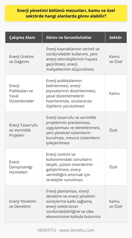 Enerji Yönetimi Bölümü Mezunlarının İstihdam Alanları Enerji yönetimi bölümünden mezun olan öğrenciler, günümüz enerji sektörünün hızla gelişen ihtiyaçlarını karşılamak üzere kamu ve özel sektörde farklı alanlarda görev alabilirler. Türkiyede enerji ihtiyacının büyük bir kısmının ithal edilen fosil yakıtlardan karşılandığı düşünüldüğünde, enerji yönetimi mezunları ülkemizin enerji verimliliği, enerji kaynaklarının etkin kullanımı ve enerji kayıplarının önlenmesi konusunda önemli bir rol oynamaktadır. Enerji Üretimi ve Dağıtım Sektörü Enerji yönetimi bölümü mezunları, enerji üretimi ve dağıtımı alanında çalışarak enerji kaynaklarının verimli ve sürdürülebilir bir şekilde kullanılması ve tüketimine yönelik stratejiler geliştirebilirler. Ayrıca, yeni enerji teknolojilerini hayata geçirerek enerji maliyetlerini düşürme ve çevreyi koruma çalışmalarında da rol alabilirler. Enerji Politikaları ve Yasal Düzenlemeler Kamu sektöründe enerji yönetimi bölümü mezunları, enerji politikalarının belirlenmesi ve enerji piyasalarının düzenlenmesi süreçlerine katkı sağlayabilirler. Enerji ile ilgili yasal düzenlemelerin hazırlanması ve enerji alanındaki uluslararası ilişkilerin yürütülmesi de bu mezunların görev alanları arasındadır. Enerji Tasarrufu ve Verimlilik Projeleri Özel sektörde enerji yönetimi bölümü mezunları, enerji tasarrufu ve verimlilik projelerinin planlanması, uygulanması ve denetlenmesi konularında görev alabilirler. Bu kapsamda, enerji verimliliği hedefleri doğrultusunda yeni yönetsel sistemlerin kurulmasını ve mevcut sistemlerin iyileştirilmesini sağlayarak enerji maliyetlerinin azaltılması için çalışmalar yürütebilirler. Enerji Danışmanlığı Hizmetleri Enerji yönetimi bölümü mezunları, enerji danışmanlığı hizmetleri sunarak, enerji üretimi ve kullanımındaki sorunları tespit edip çözüm önerileri geliştirebilir ve enerji verimliliğini artırmak için çeşitli stratejiler sunabilirler. Bu hizmetler kapsamında, enerji planlaması, enerji denetimi ve enerji yönetimi süreçlerine katkı sağlayarak enerji sektörünün sürdürülebilirliğine ve ülke ekonomisine katkıda bulunurlar. Sonuç olarak, enerji yönetimi bölümünden mezun olan kişiler, enerji sektörünün ihtiyaç duyduğu farklı alanlarda görev alarak ülke enerji politikalarının ve stratejilerinin şekillenmesinde önemli bir role sahip olmaktadırlar.