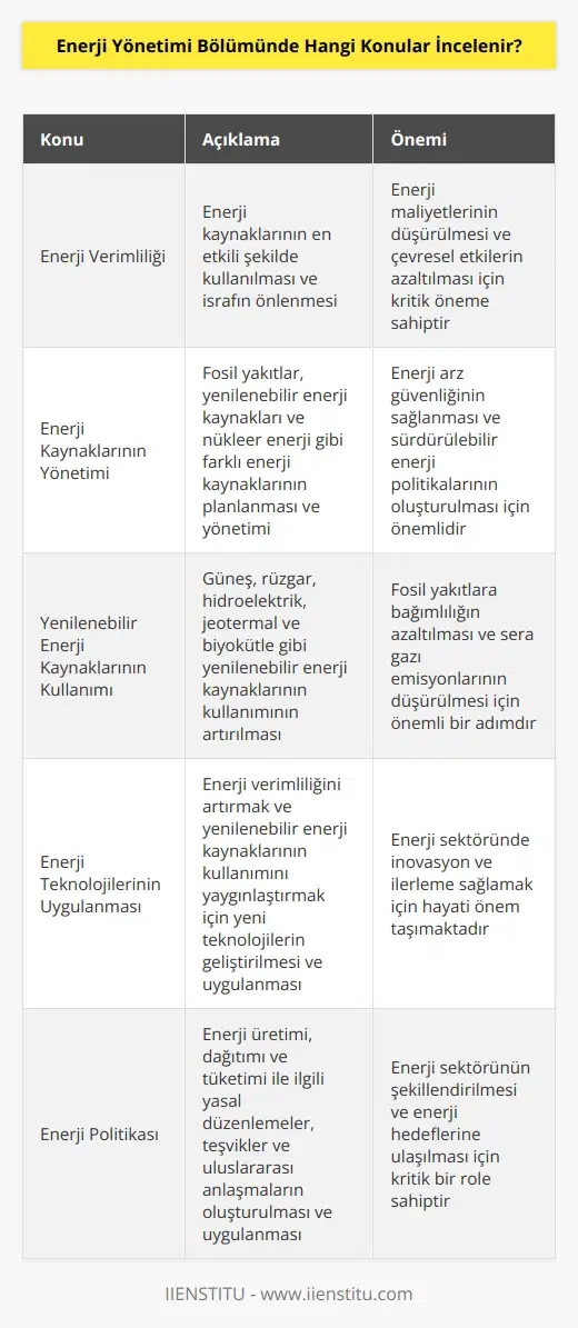 Enerji Yönetimi Bölümünde incelenen konular genellikle şunları içerir: enerji verimliliği, enerji kaynaklarının yönetimi, enerji tasarrufu, yenilenebilir enerji kaynaklarının kullanımı, enerji teknolojilerinin uygulanması, enerji sistemlerinin tasarımı, enerji maliyetlerinin düşürülmesi ve enerji politikası.