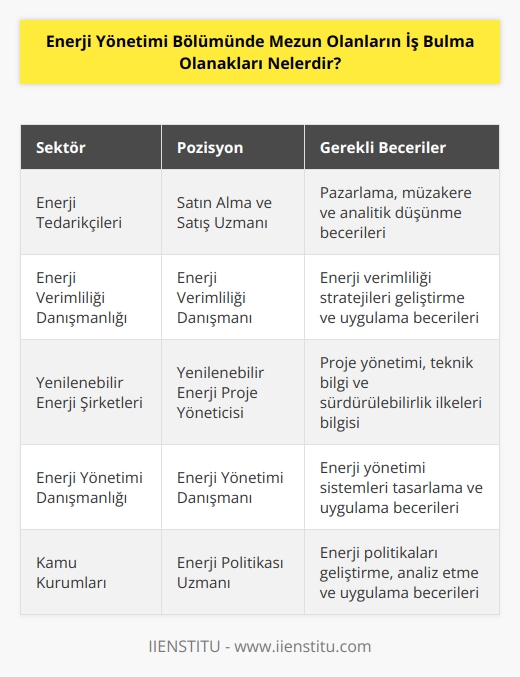 Enerji yönetimi bölümünde mezun olanların iş bulma olanakları çeşitlidir. Mezunlar enerji sektöründe çalışabilecekleri çok sayıda pozisyon mevcuttur. Mezunlar, enerji sektöründeki yenilikçi teknolojilerin tasarımı, uygulanması ve yönetimi için gereken becerileri kazanabilirler. Ayrıca, mezunlar, enerji tedarikçilerinde satın alma ve satış, enerji tasarrufu yönetimi, enerji verimliliği ve   , enerji kaynaklarının kullanımı ve enerji üretimi gibi alanlarda çalışabilirler. Mezunlar ayrıca uzmanlar olarak enerji yönetimi konularında danışmanlık yapabilirler.