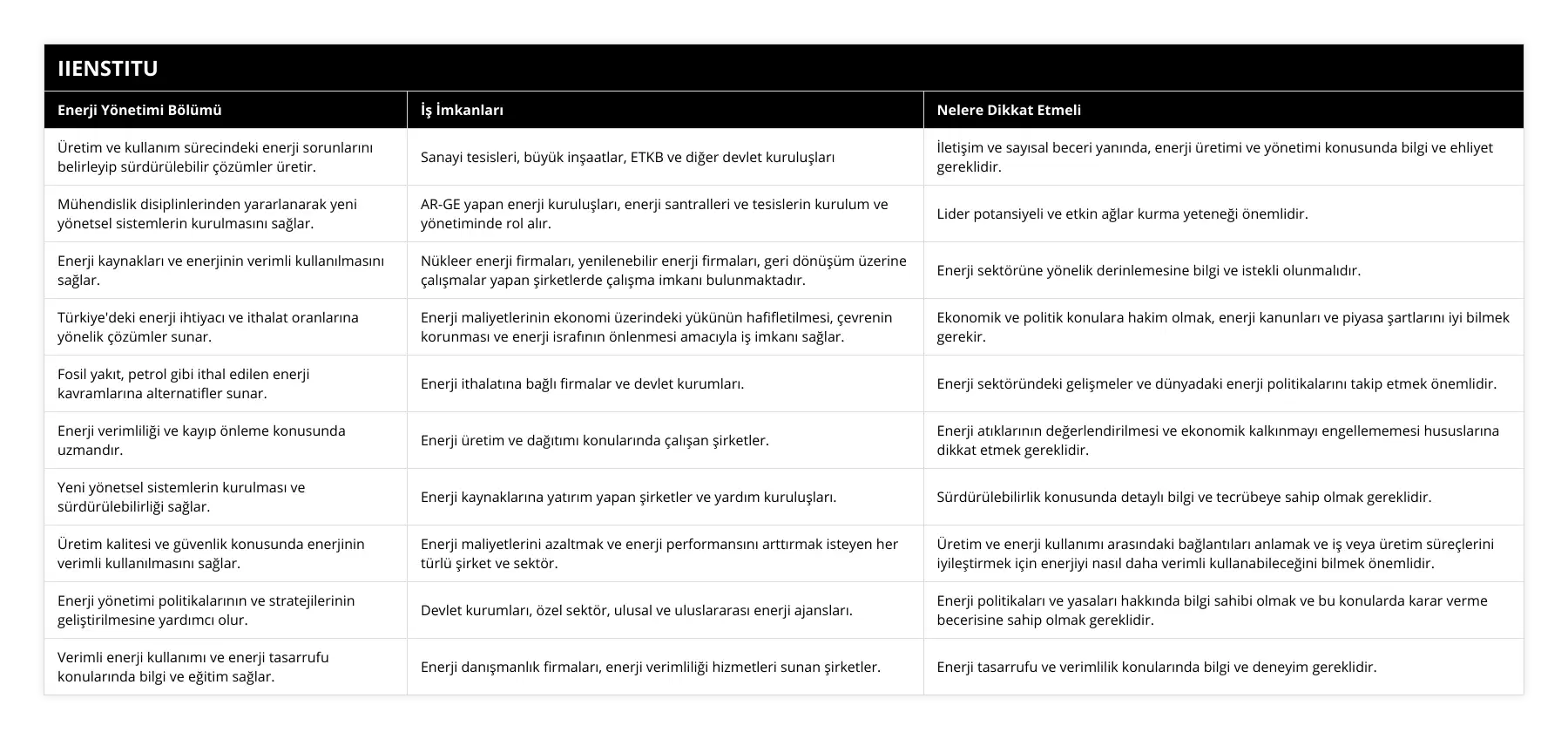 Üretim ve kullanım sürecindeki enerji sorunlarını belirleyip sürdürülebilir çözümler üretir, Sanayi tesisleri, büyük inşaatlar, ETKB ve diğer devlet kuruluşları, İletişim ve sayısal beceri yanında, enerji üretimi ve yönetimi konusunda bilgi ve ehliyet gereklidir, Mühendislik disiplinlerinden yararlanarak yeni yönetsel sistemlerin kurulmasını sağlar, AR-GE yapan enerji kuruluşları, enerji santralleri ve tesislerin kurulum ve yönetiminde rol alır, Lider potansiyeli ve etkin ağlar kurma yeteneği önemlidir, Enerji kaynakları ve enerjinin verimli kullanılmasını sağlar, Nükleer enerji firmaları, yenilenebilir enerji firmaları, geri dönüşüm üzerine çalışmalar yapan şirketlerde çalışma imkanı bulunmaktadır, Enerji sektörüne yönelik derinlemesine bilgi ve istekli olunmalıdır, Türkiye'deki enerji ihtiyacı ve ithalat oranlarına yönelik çözümler sunar, Enerji maliyetlerinin ekonomi üzerindeki yükünün hafifletilmesi, çevrenin korunması ve enerji israfının önlenmesi amacıyla iş imkanı sağlar, Ekonomik ve politik konulara hakim olmak, enerji kanunları ve piyasa şartlarını iyi bilmek gerekir, Fosil yakıt, petrol gibi ithal edilen enerji kavramlarına alternatifler sunar, Enerji ithalatına bağlı firmalar ve devlet kurumları, Enerji sektöründeki gelişmeler ve dünyadaki enerji politikalarını takip etmek önemlidir, Enerji verimliliği ve kayıp önleme konusunda uzmandır, Enerji üretim ve dağıtımı konularında çalışan şirketler, Enerji atıklarının değerlendirilmesi ve ekonomik kalkınmayı engellememesi hususlarına dikkat etmek gereklidir, Yeni yönetsel sistemlerin kurulması ve sürdürülebilirliği sağlar, Enerji kaynaklarına yatırım yapan şirketler ve yardım kuruluşları, Sürdürülebilirlik konusunda detaylı bilgi ve tecrübeye sahip olmak gereklidir, Üretim kalitesi ve güvenlik konusunda enerjinin verimli kullanılmasını sağlar, Enerji maliyetlerini azaltmak ve enerji performansını arttırmak isteyen her türlü şirket ve sektör, Üretim ve enerji kullanımı arasındaki bağlantıları anlamak ve iş veya üretim süreçlerini iyileştirmek için enerjiyi nasıl daha verimli kullanabileceğini bilmek önemlidir, Enerji yönetimi politikalarının ve stratejilerinin geliştirilmesine yardımcı olur, Devlet kurumları, özel sektör, ulusal ve uluslararası enerji ajansları, Enerji politikaları ve yasaları hakkında bilgi sahibi olmak ve bu konularda karar verme becerisine sahip olmak gereklidir, Verimli enerji kullanımı ve enerji tasarrufu konularında bilgi ve eğitim sağlar, Enerji danışmanlık firmaları, enerji verimliliği hizmetleri sunan şirketler, Enerji tasarrufu ve verimlilik konularında bilgi ve deneyim gereklidir