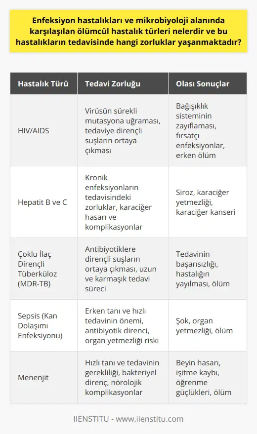 Ölümcül Enfeksiyon Hastalıkları ve Tedavi Zorlukları  Enfeksiyon hastalıkları ve mikrobiyoloji alanında, birçok ölümcül hastalık türü bulunmaktadır. Bu hastalıkların başlıcaları HIV/AIDS, cinsel yolla bulaşan hastalıklar, sarılık (hepatitler), bruselloz, tifo, ateşli hastalıklar, idrar yolu enfeksiyonları, grip, ishaller ve solunum yolu enfeksiyonlarıdır. Bu hastalıkların tedavisinde yaşanan zorluklar enfeksiyon uzmanlarının karşılaştığı önemli sorunlardan biridir.  Antibiyotik Direnci ve Tedavi Süreci  Enfeksiyon hastalıklarının tedavisinde, özellikle bakteriyel enfeksiyonlarla mücadelede birçok zorluk bulunmaktadır. İlk ve belki de en önemli zorluk, mikroorganizmaların bazı antibiyotiklere direnç geliştirmesidir. Dirençli bakteri ve virüsler, enfeksiyonlarının kontrol altına alınması ve tedavisi konusunda büyük sorunlar yaşatmaktadır.  Komplikasyonlar ve Kronikleşen Enfeksiyonlar  Enfeksiyon hastalıklarının bir diğer zorluklaşı, akut veya kronik komplikasyonlarla seyreden enfeksiyonlardır. Bu tür enfeksiyonlar, hastaların hayati riskini artırmakta ve hem teşhis hem de tedavi sürecinde önemli zorluklar yaşanmasına sebep olmaktadır.  Tanı ve Takip Süreci  Enfeksiyon hastalıklarının tanı ve takibi, karmaşık ve zaman alıcı bir süreçtir. Bu sürece katkıda bulunan faktörler arasında, hastalığın sebep olduğu semptomların değerlendirilmesi, laboratuvar testleri ve diğer tıbbi değerlendirmeler bulunmaktadır.  Alternatif Tedavi Yöntemleri  Enfeksiyon hastalıklarının tedavisinde kullanılan ilaçlar ve yöntemlerin etkisizleştiği ya da yeterli olmadığı durumlarda, alternatif tedavi yöntemlerine ihtiyaç duyulabilmektedir. Bu noktada, yeni ve etkili tedavi yöntemlerinin geliştirilmesi ve uygulanması büyük önem taşımaktadır.  Sonuç olarak, enfeksiyon hastalıkları ve mikrobiyoloji alanında ölümcül hastalık türleri ve bu hastalıkların tedavisinde yaşanan zorluklar, enfeksiyon uzmanlarının ve sağlık çalışanlarının önemli sorumluluklarını oluşturmaktadır. Bu zorluklarla başa çıkabilmek için, tedavi yöntemlerini ve süreçlerini sürekli güncel tutarak, hastaların yaşam kalitesini artırmak ve ölümcül sonuçları önlemek hedeflenmelidir.