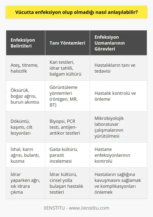 Vücuttaki Enfeksiyon Belirtileri  Vücutta enfeksiyon olup olmadığını anlamak için bazı belirtilere dikkat etmek gerekmektedir. Enfeksiyon hastalıkları ve mikrobiyoloji alanında çalışan uzman hekimler ve tıbbi sağlık çalışanları, vücuttaki virüs, bakteri ve parazit gibi mikroorganizmalara bağlı olarak ortaya çıkan çeşitli hastalıkların tanı, takip ve tedavisini gerçekleştirmektedir. Bu hastalıklar arasında HIV, AIDS, cinsel yolla bulaşan hastalıklar, hepatitler, tifo ve solunum yolu enfeksiyonları gibi birçok farklı tür bulunmaktadır.  Enfeksiyon Tespiti ve Tanı Yöntemleri  Enfeksiyon hastalıklarının tespiti ve tedavisi için öncelikle mikrobiyolojik laboratuvar çalışmalarının gerçekleştirilmesi gerekmektedir. Bu süreçte, hastanın şikayetleri ve belirtileri doğrultusunda gerekli testler ve tetkikler yapılarak enfeksiyonun varlığı ve türü konusunda bilgi sahibi olunur. Uzmanlar, tanı ve tedavi sürecinde kullanabilecekleri 21. yüzyılın bilimsel bilgi birikiminden yararlanarak etkili bir şekilde hasta sağlığını kontrol altına almaktadır.  Hastane Enfeksiyonları Kontrolü  Enfeksiyon uzmanları ve enfeksiyon hastalıkları birimi, hastanede meydana gelebilecek enfeksiyonların kontrolünü sağlamak ve ilgili enfeksiyonları en aza indirgemek için her türlü çalışmayı gerçekleştirmektedir. Bu kapsamda, hastane personeline, hastalara ve hasta yakınlarına enfeksiyon kontrolü ve önleme konusunda eğitimler verilmektedir.  Enfeksiyon Uzmanlarının Görev ve Sorumlulukları  Enfeksiyon uzmanlarının görev ve sorumlulukları arasında, hastalıkların tanı ve tedavisi, hastalık kontrolü ve önleme, mikrobiyolojik laboratuvar çalışmalarının yürütülmesi ve hastane enfeksiyonlarının kontrolü gibi hizmetler bulunmaktadır. Uzmanlar, bu görevlerini yerine getirerek hastaların sağlığına kavuşmasını amaçlar ve olası komplikasyonları önlemeye çalışır.  Sonuç olarak, vücutta enfeksiyon olup olmadığını anlamak için belirtileri ve semptomları değerlendiren enfeksiyon uzmanları ve diğer tıbbi sağlık çalışanları, bu alanda en etkili hizmeti sunmak için görev başındadır. Vücuttaki enfeksiyonların erken teşhisi ve doğru tedavisi ile hayati risklerin önüne geçmek mümkün olabilmektedir.