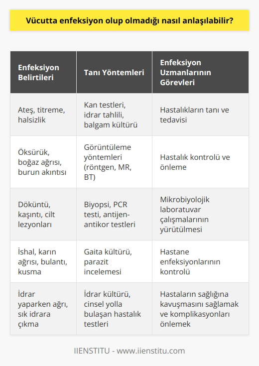 Vücuttaki Enfeksiyon Belirtileri Vücutta enfeksiyon olup olmadığını anlamak için bazı belirtilere dikkat etmek gerekmektedir. Enfeksiyon hastalıkları ve mikrobiyoloji alanında çalışan uzman hekimler ve tıbbi sağlık çalışanları, vücuttaki virüs, bakteri ve parazit gibi mikroorganizmalara bağlı olarak ortaya çıkan çeşitli hastalıkların tanı, takip ve tedavisini gerçekleştirmektedir. Bu hastalıklar arasında HIV, AIDS, cinsel yolla bulaşan hastalıklar, hepatitler, tifo ve solunum yolu enfeksiyonları gibi birçok farklı tür bulunmaktadır. Enfeksiyon Tespiti ve Tanı Yöntemleri Enfeksiyon hastalıklarının tespiti ve tedavisi için öncelikle mikrobiyolojik laboratuvar çalışmalarının gerçekleştirilmesi gerekmektedir. Bu süreçte, hastanın şikayetleri ve belirtileri doğrultusunda gerekli testler ve tetkikler yapılarak enfeksiyonun varlığı ve türü konusunda bilgi sahibi olunur. Uzmanlar, tanı ve tedavi sürecinde kullanabilecekleri 21. yüzyılın bilimsel bilgi birikiminden yararlanarak etkili bir şekilde hasta sağlığını kontrol altına almaktadır. Hastane Enfeksiyonları Kontrolü Enfeksiyon uzmanları ve enfeksiyon hastalıkları birimi, hastanede meydana gelebilecek enfeksiyonların kontrolünü sağlamak ve ilgili enfeksiyonları en aza indirgemek için her türlü çalışmayı gerçekleştirmektedir. Bu kapsamda, hastane personeline, hastalara ve hasta yakınlarına enfeksiyon kontrolü ve önleme konusunda eğitimler verilmektedir. Enfeksiyon Uzmanlarının Görev ve Sorumlulukları Enfeksiyon uzmanlarının görev ve sorumlulukları arasında, hastalıkların tanı ve tedavisi, hastalık kontrolü ve önleme, mikrobiyolojik laboratuvar çalışmalarının yürütülmesi ve hastane enfeksiyonlarının kontrolü gibi hizmetler bulunmaktadır. Uzmanlar, bu görevlerini yerine getirerek hastaların sağlığına kavuşmasını amaçlar ve olası komplikasyonları önlemeye çalışır. Sonuç olarak, vücutta enfeksiyon olup olmadığını anlamak için belirtileri ve semptomları değerlendiren enfeksiyon uzmanları ve diğer tıbbi sağlık çalışanları, bu alanda en etkili hizmeti sunmak için görev başındadır. Vücuttaki enfeksiyonların erken teşhisi ve doğru tedavisi ile hayati risklerin önüne geçmek mümkün olabilmektedir.